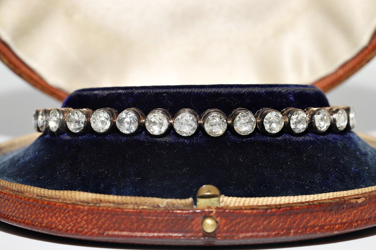 In very good condition.
Total weight is 17.6 grams.
Totally is rose cut diamond about 10 ct.
The diamond is has G-H-I-J color and s1-s2 clarity.
Total lenght is bracelet 18 cm.
Box is not included.
Please contact for any question.
