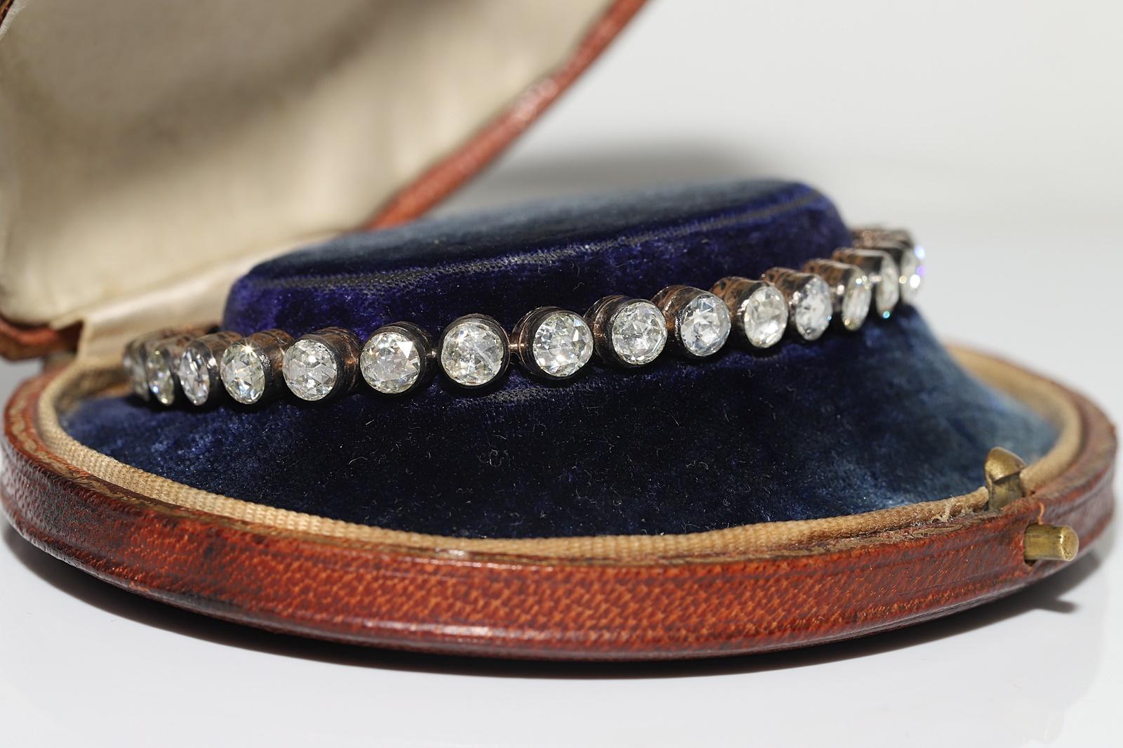 Retro Vintage Circa 1990s 8k Gold Top Silver Natural Rose Cut Diamond Tennis Bracelet For Sale