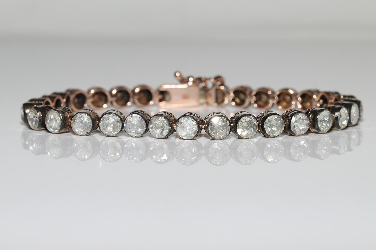 Vintage Circa 1990s 8k Gold Top Silver Natural Rose Cut Diamond Tennis Bracelet In Good Condition For Sale In Fatih/İstanbul, 34