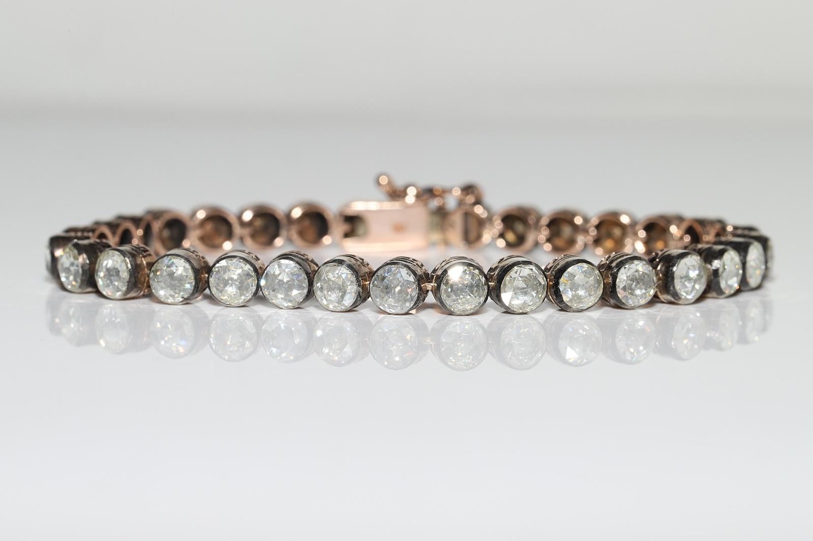 Women's or Men's Vintage Circa 1990s 8k Gold Top Silver Natural Rose Cut Diamond Tennis Bracelet For Sale