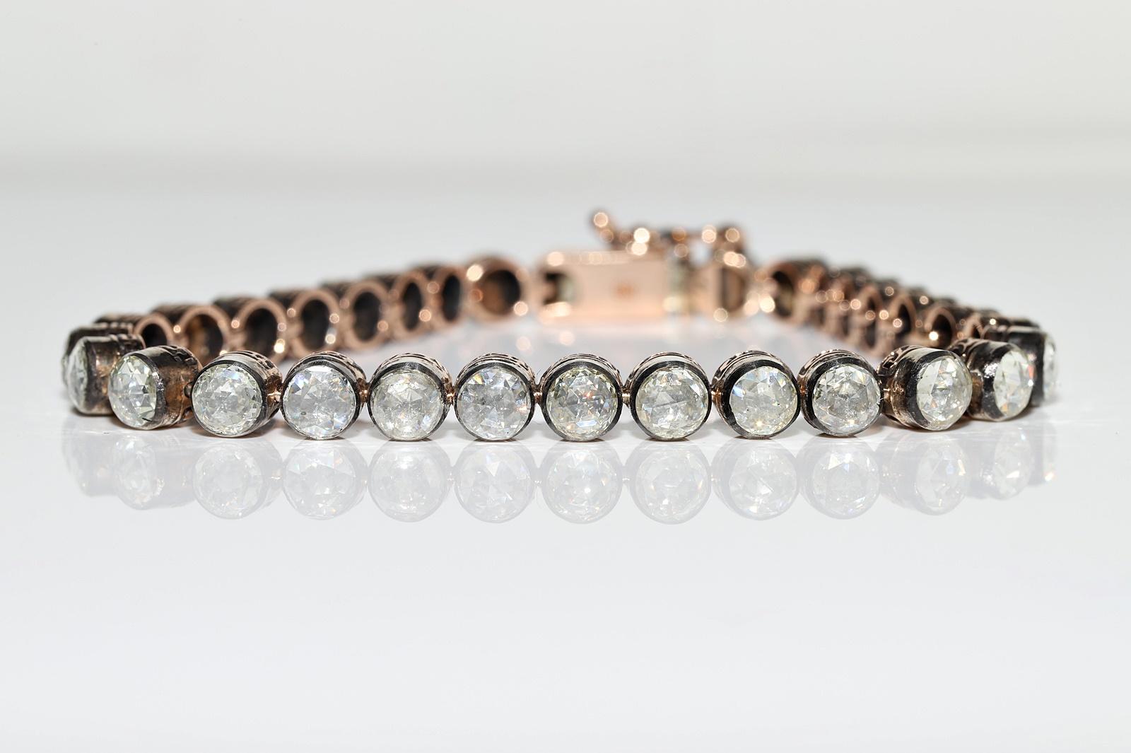 Vintage Circa 1990s 8k Gold Top Silver Natural Rose Cut Diamond Tennis Bracelet For Sale 1