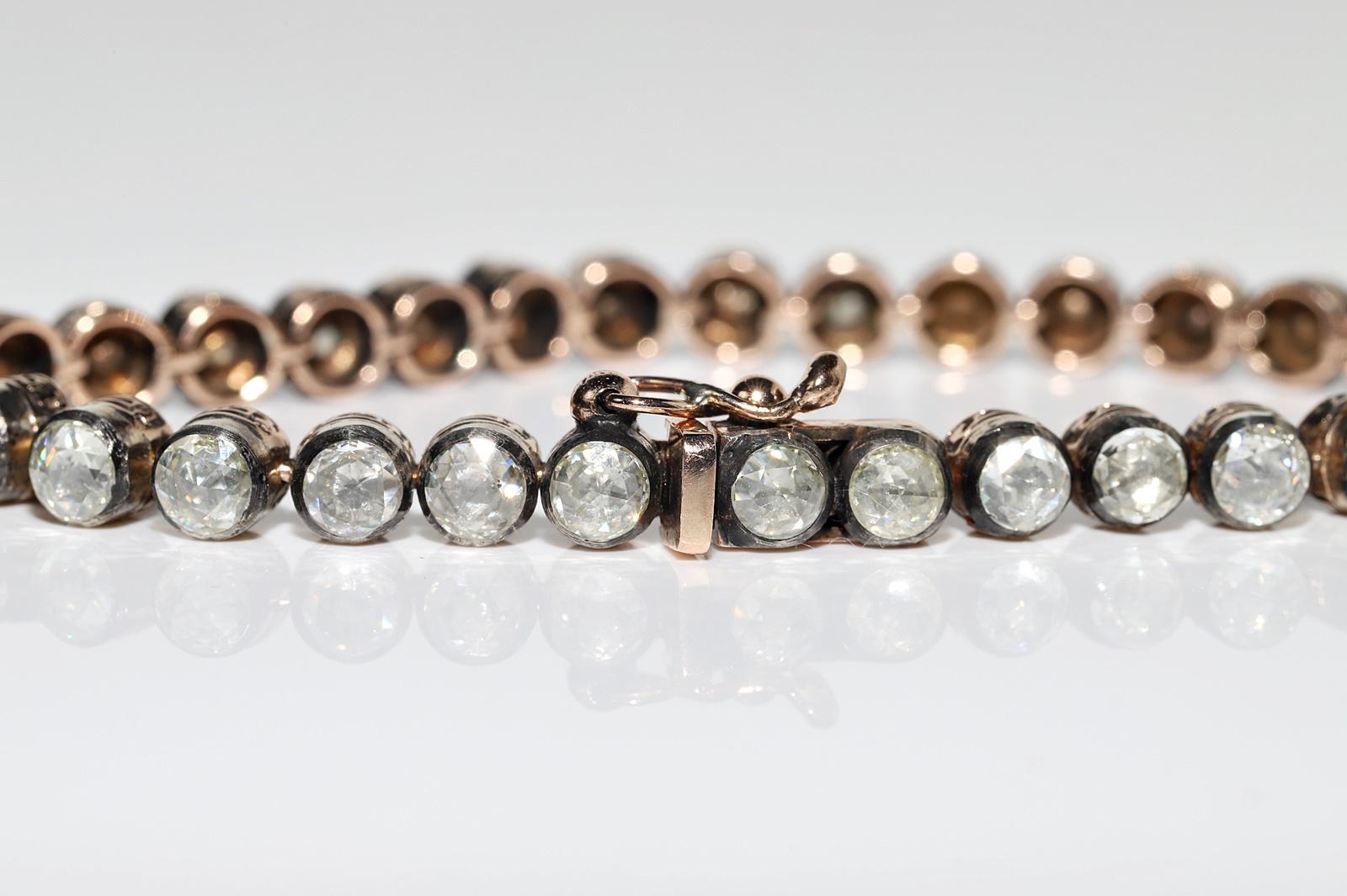 Vintage Circa 1990s 8k Gold Top Silver Natural Rose Cut Diamond Tennis Bracelet For Sale 2