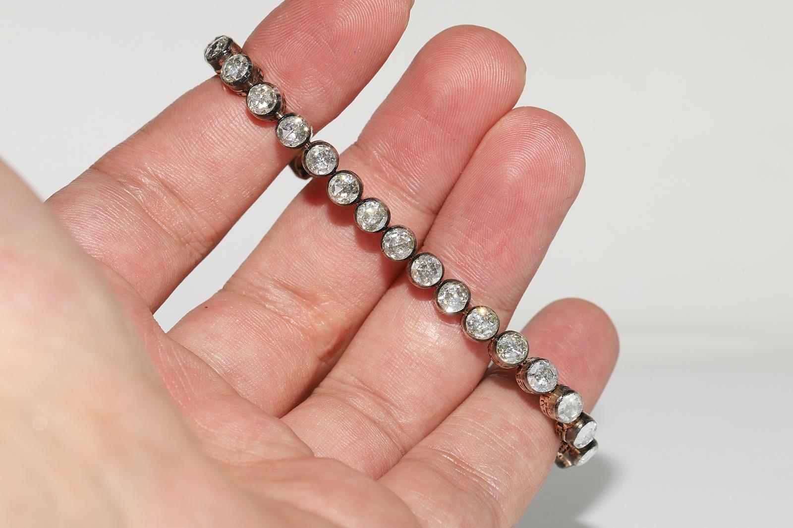 Vintage Circa 1990s 8k Gold Top Silver Natural Rose Cut Diamond Tennis Bracelet For Sale 3