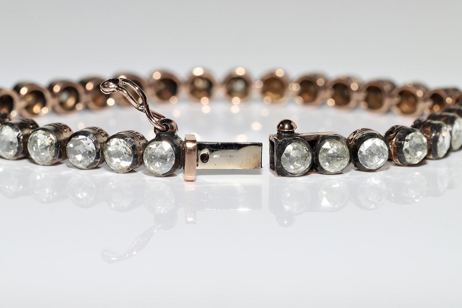 Vintage Circa 1990s 8k Gold Top Silver Natural Rose Cut Diamond Tennis Bracelet For Sale 4