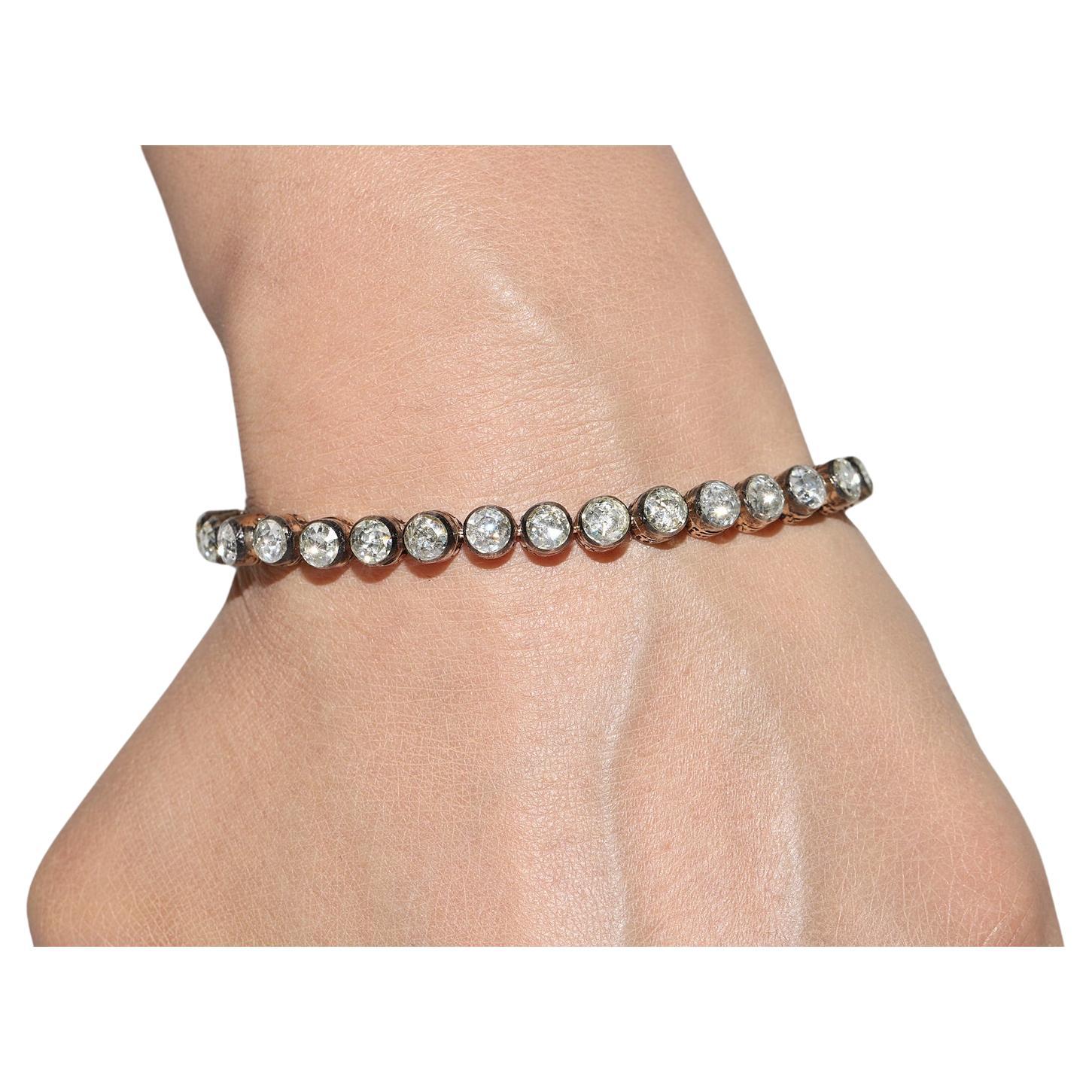 Vintage Circa 1990s 8k Gold Top Silver Natural Rose Cut Diamond Tennis Bracelet For Sale