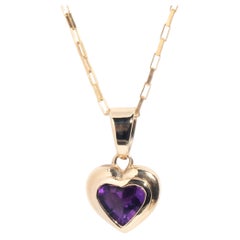 Vintage Circa 1990s 9 Carat Gold Heart Shaped Amethyst Pendant and 9 Carat Chain
