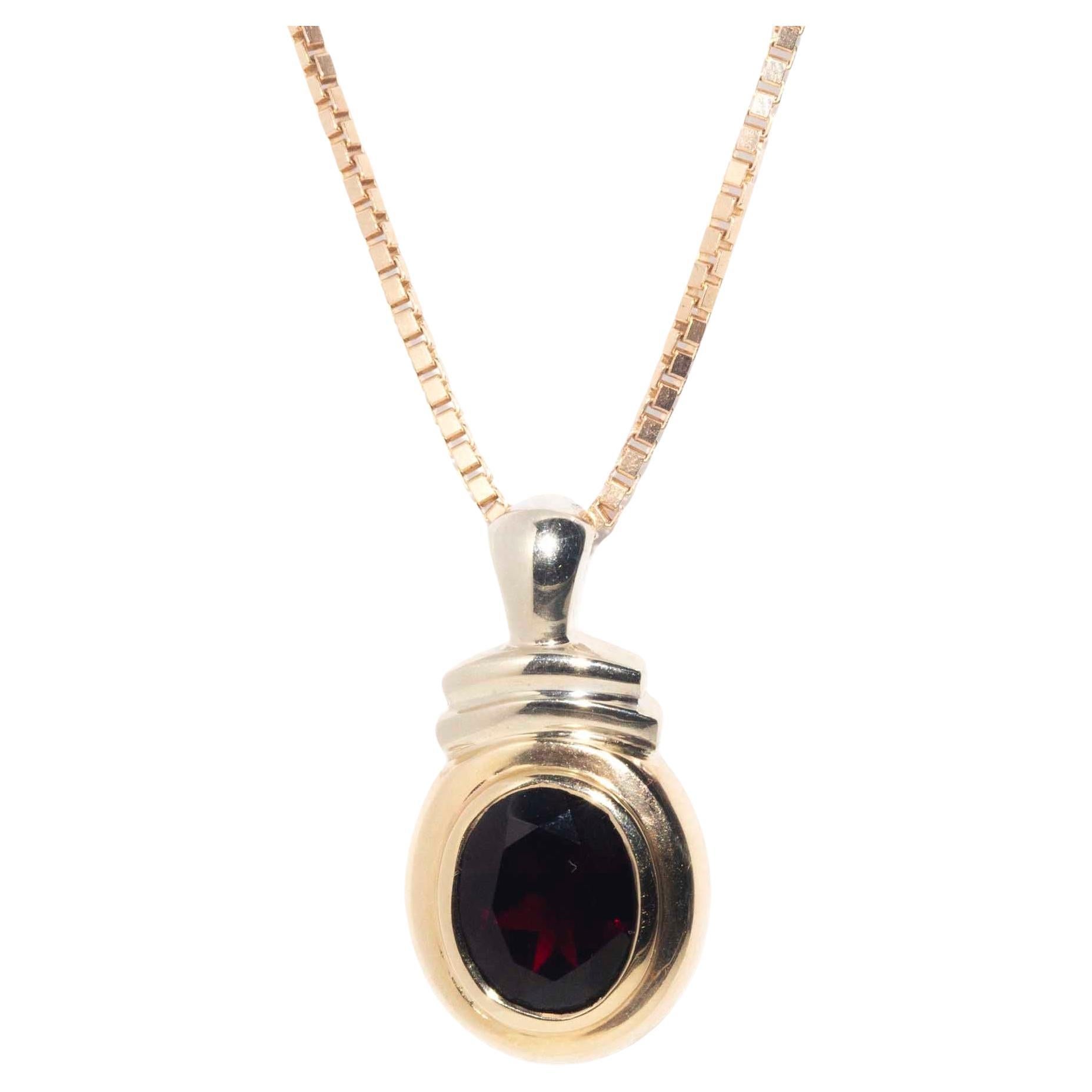 Vintage Circa 1990s 9 Carat Gold Rubover Garnet Pendant & Box Chain