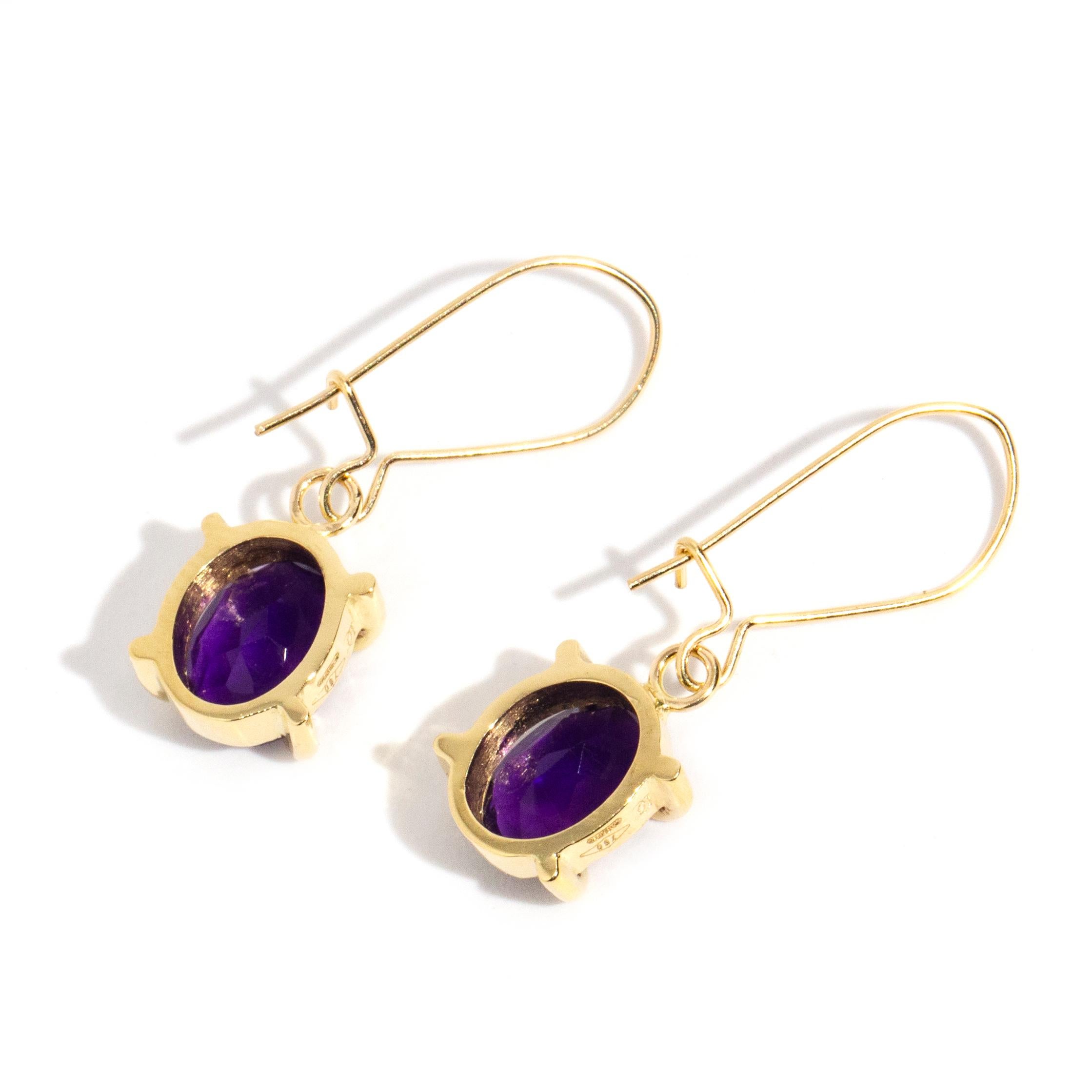 Women's Vintage Circa 1990s 9 Carat Yellow Gold Amethyst Continental Hook Style Earrings