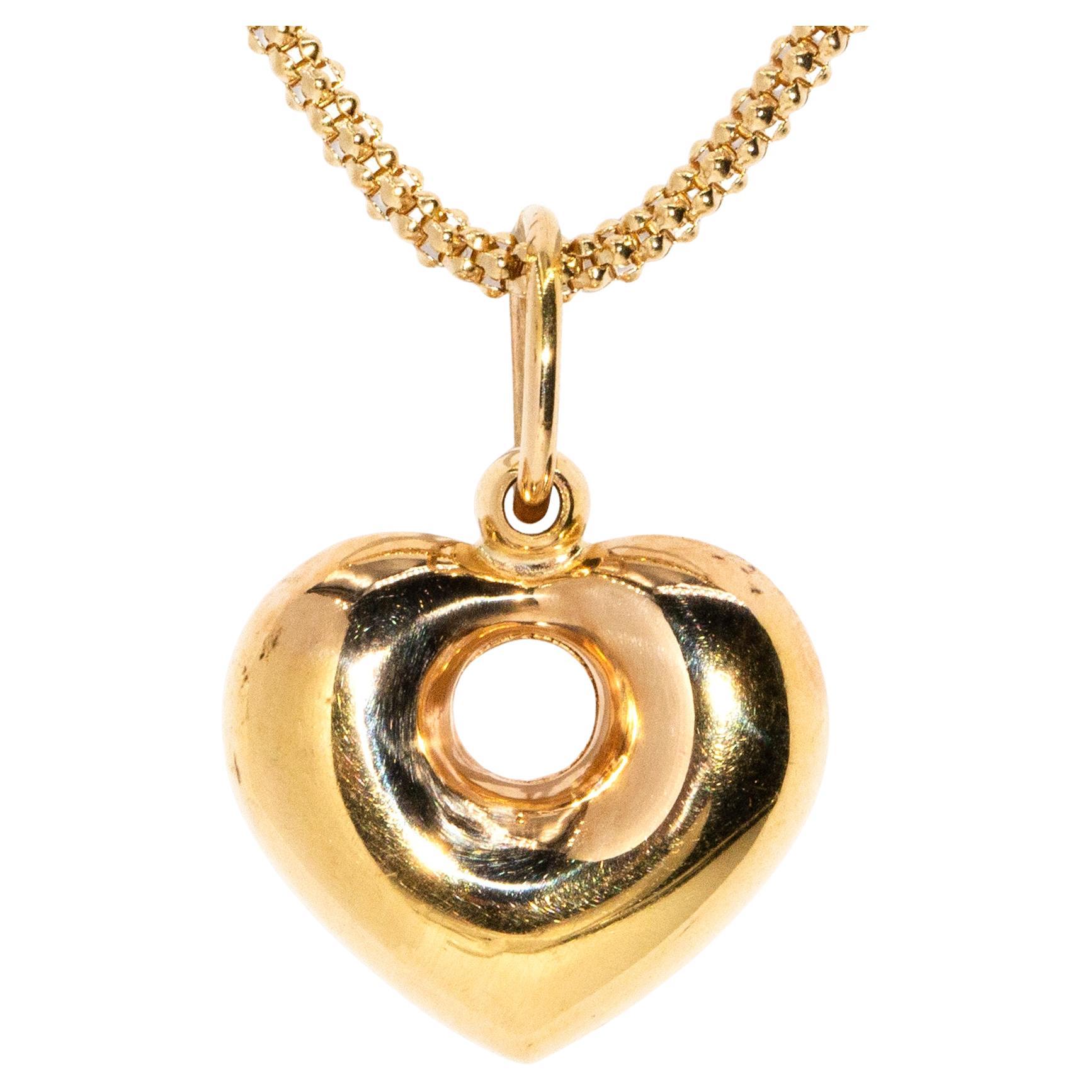 Vintage Circa 1990s 9 Carat Yellow Gold Open Puffed Heart Pendant & Chain For Sale
