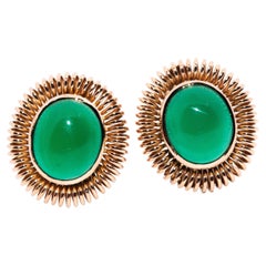 Vintage circa 1990s 9 Carat Yellow Gold Oval Green Agate Cabochon Clip Earrings