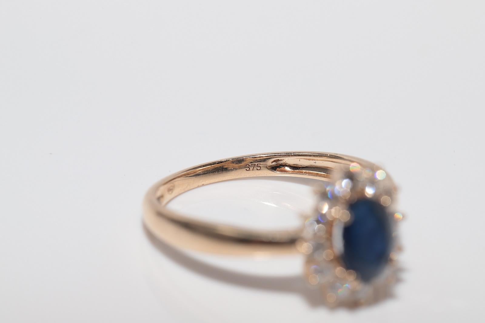Vintage Circa 1990s 9k Gold Natural Diamond And Oval Cut Sapphire Ring For Sale 8