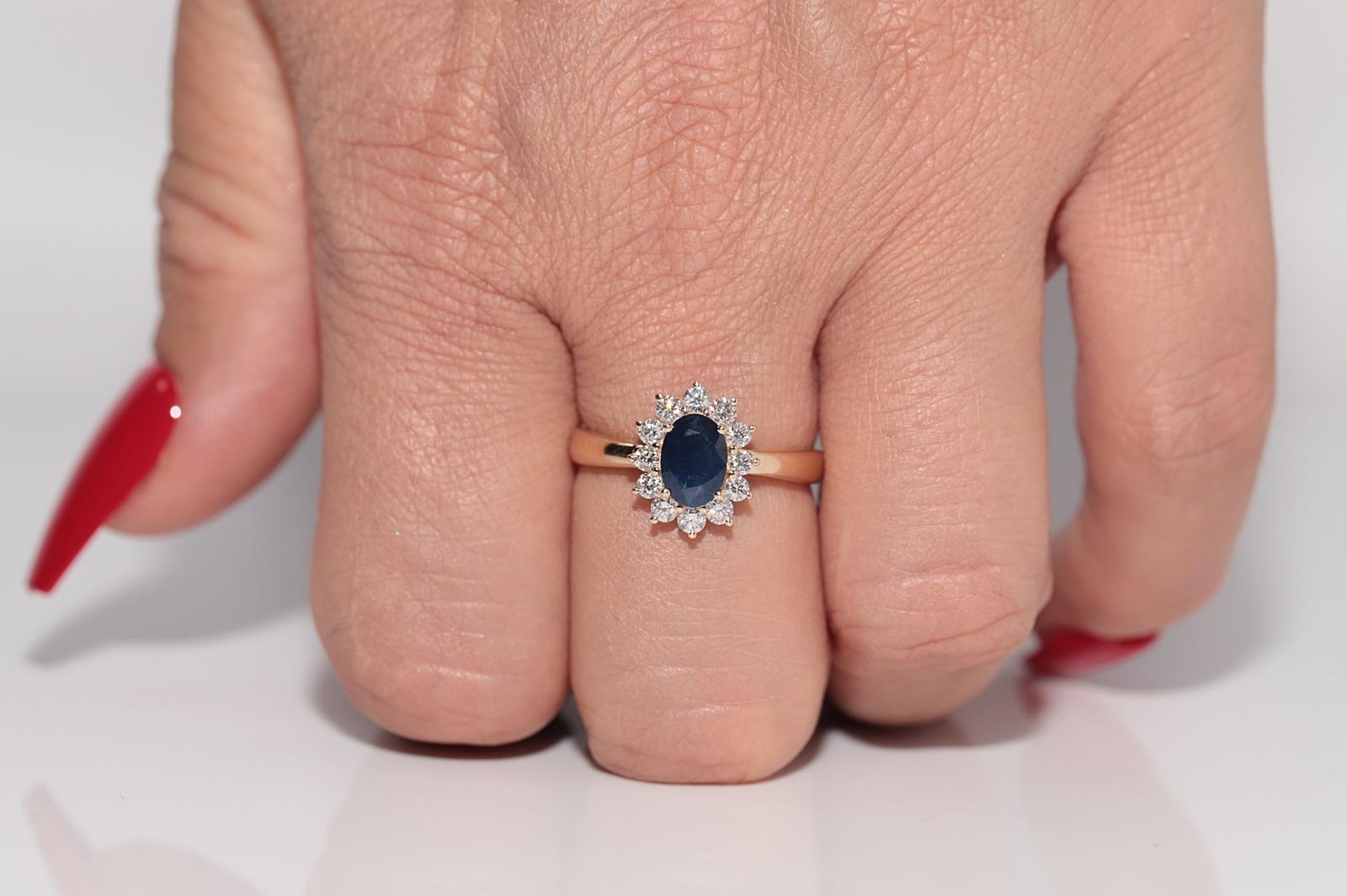 Artisan Vintage Circa 1990s 9k Gold Natural Diamond And Oval Cut Sapphire Ring For Sale