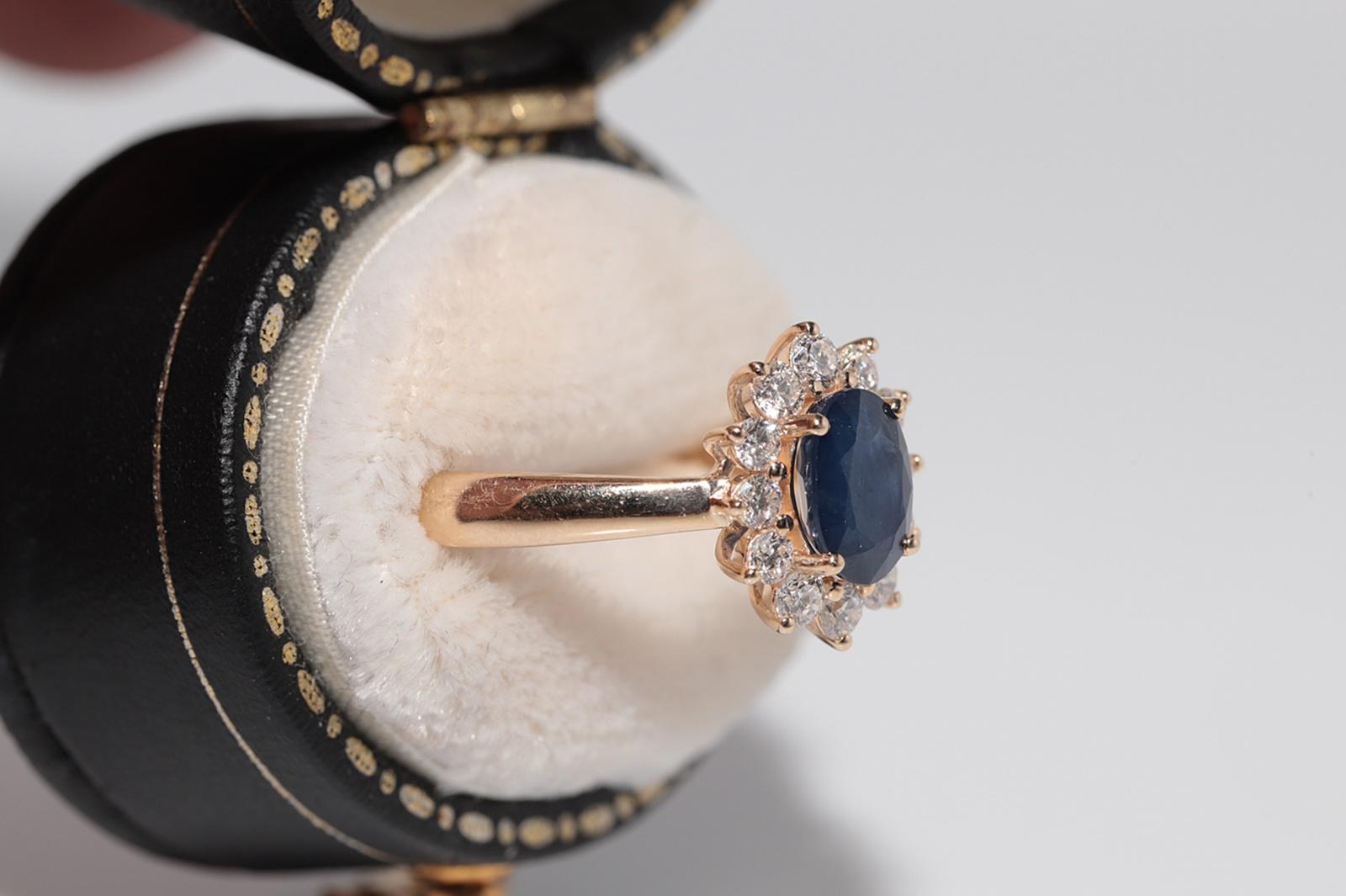 Vintage Circa 1990s 9k Gold Natural Diamond And Oval Cut Sapphire Ring For Sale 1