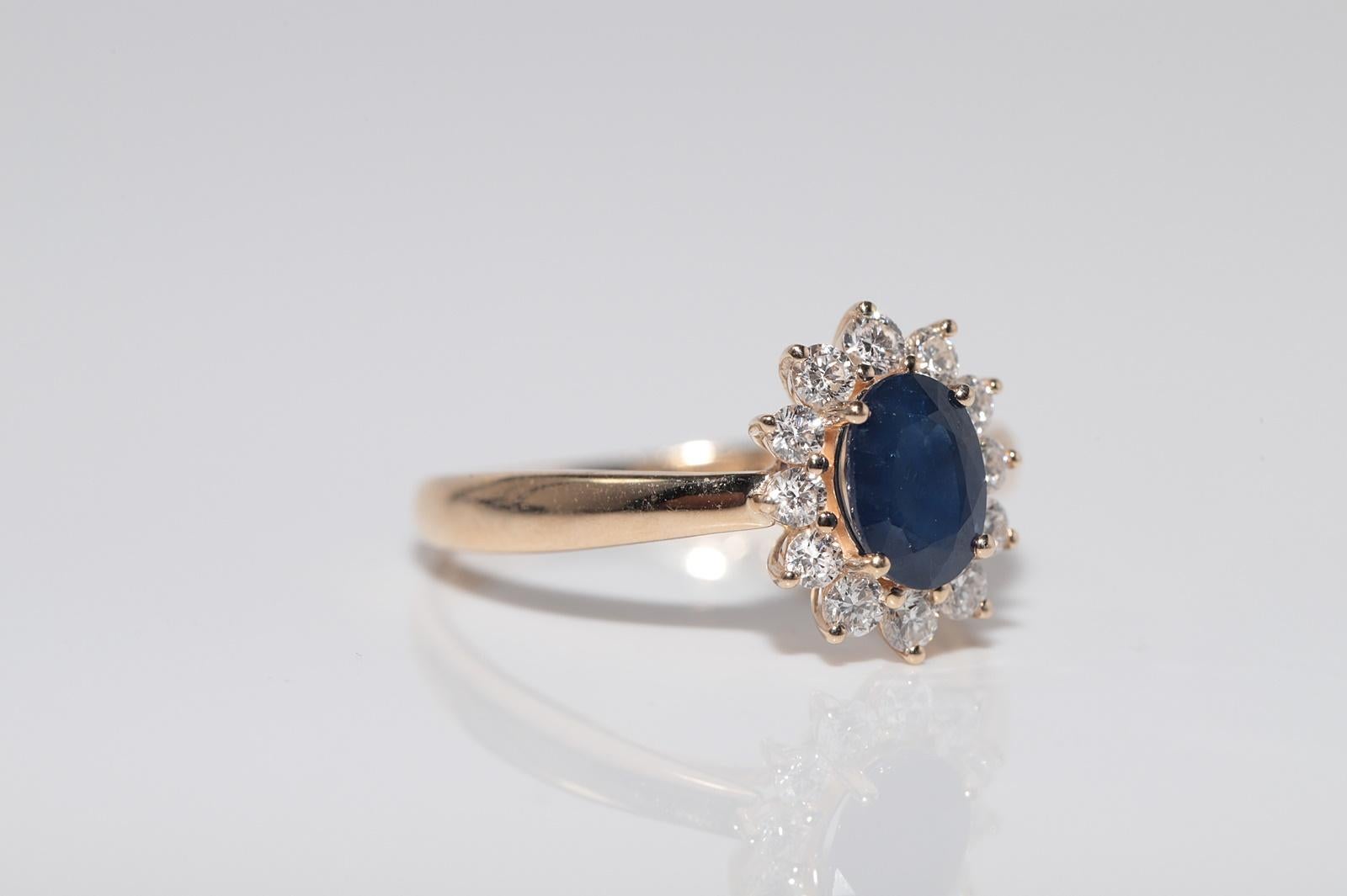 Vintage Circa 1990s 9k Gold Natural Diamond And Oval Cut Sapphire Ring For Sale 3