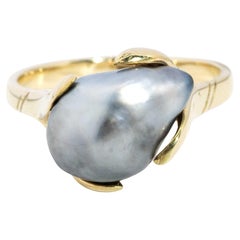 Vintage Circa 1990s Baroque Tahitian Pearl Ring 14 Carat Yellow Gold