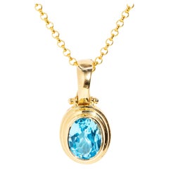 Vintage Circa 1990s Bright Blue Topaz Enhancer Pendant & Chain 9 Carat Gold