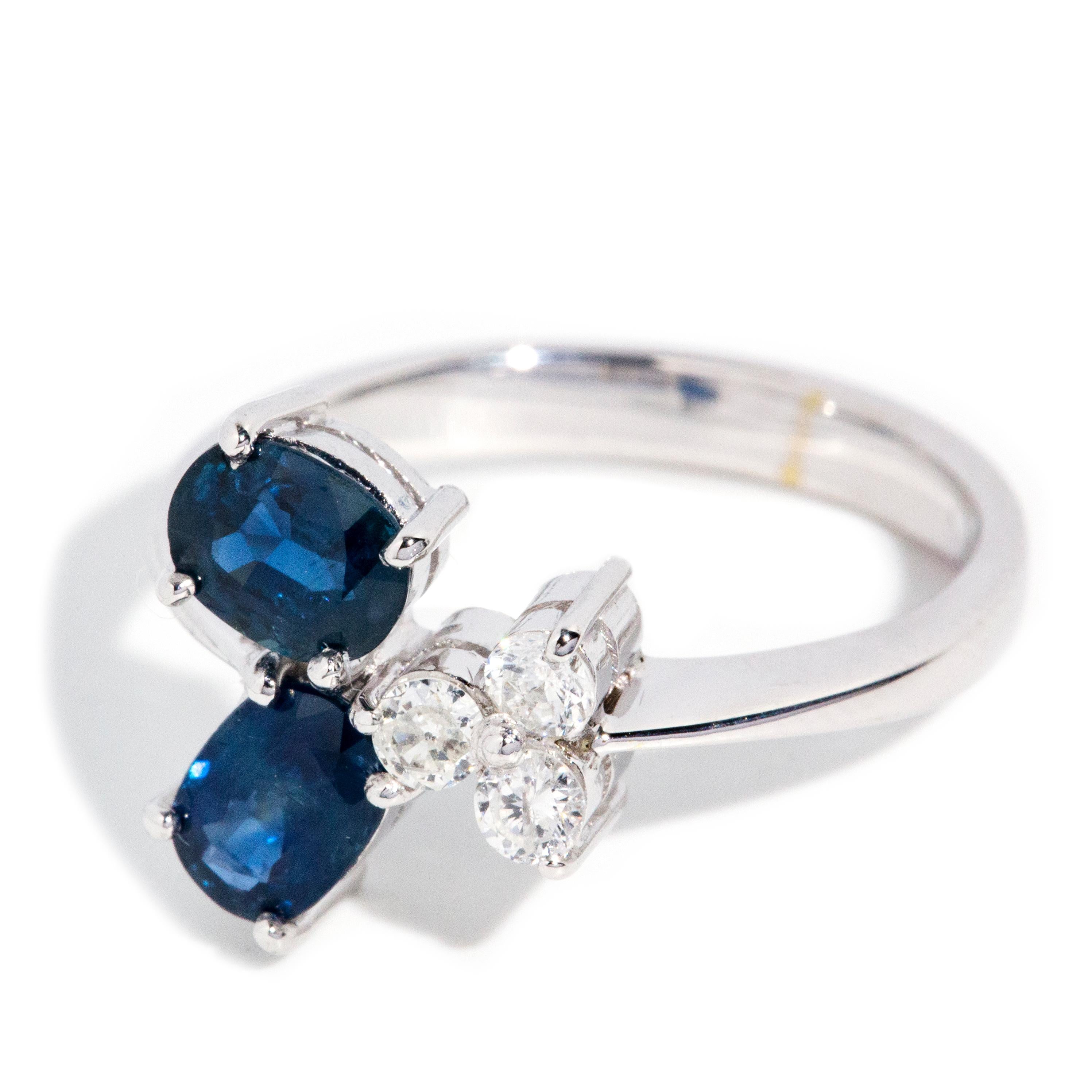 Modern Vintage Circa 1990s Bright Deep Blue Sapphire & Diamond Ring 14 Carat White Gold For Sale