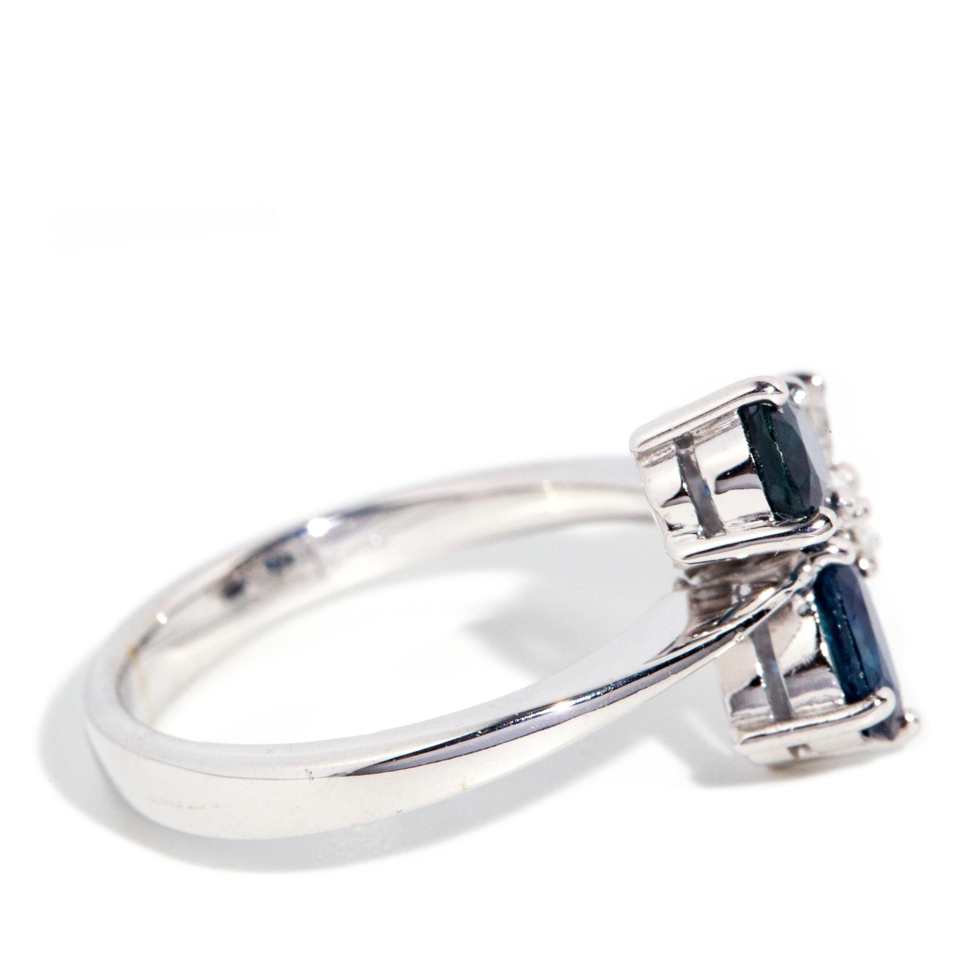Vintage Circa 1990s Bright Deep Blue Sapphire & Diamond Ring 14 Carat White Gold In Good Condition For Sale In Hamilton, AU