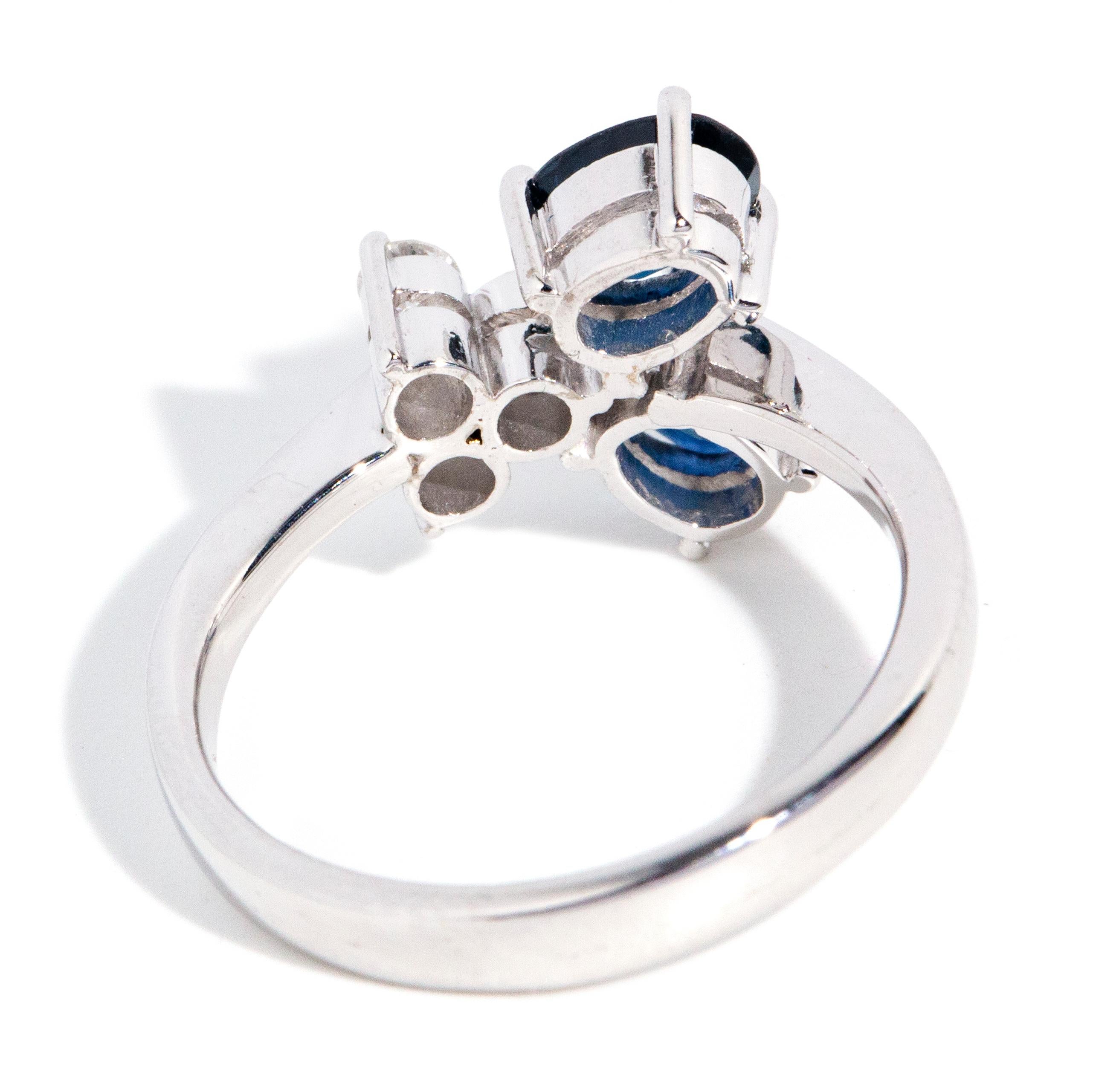 Vintage Circa 1990s Bright Deep Blue Sapphire & Diamond Ring 14 Carat White Gold For Sale 1