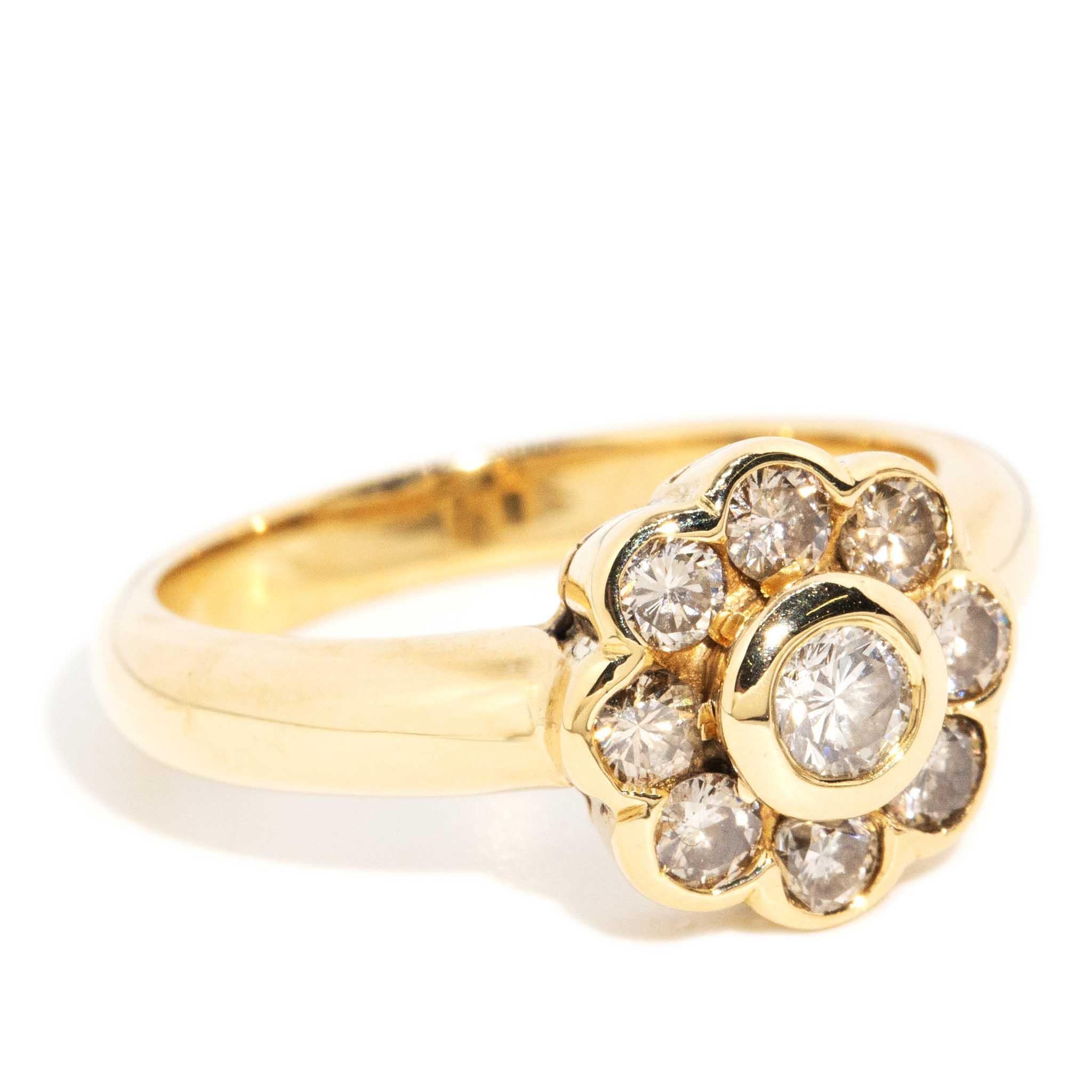 Modern Vintage Circa 1990s Brilliant Diamond Flower Cluster Ring 18 Carat Yellow Gold For Sale