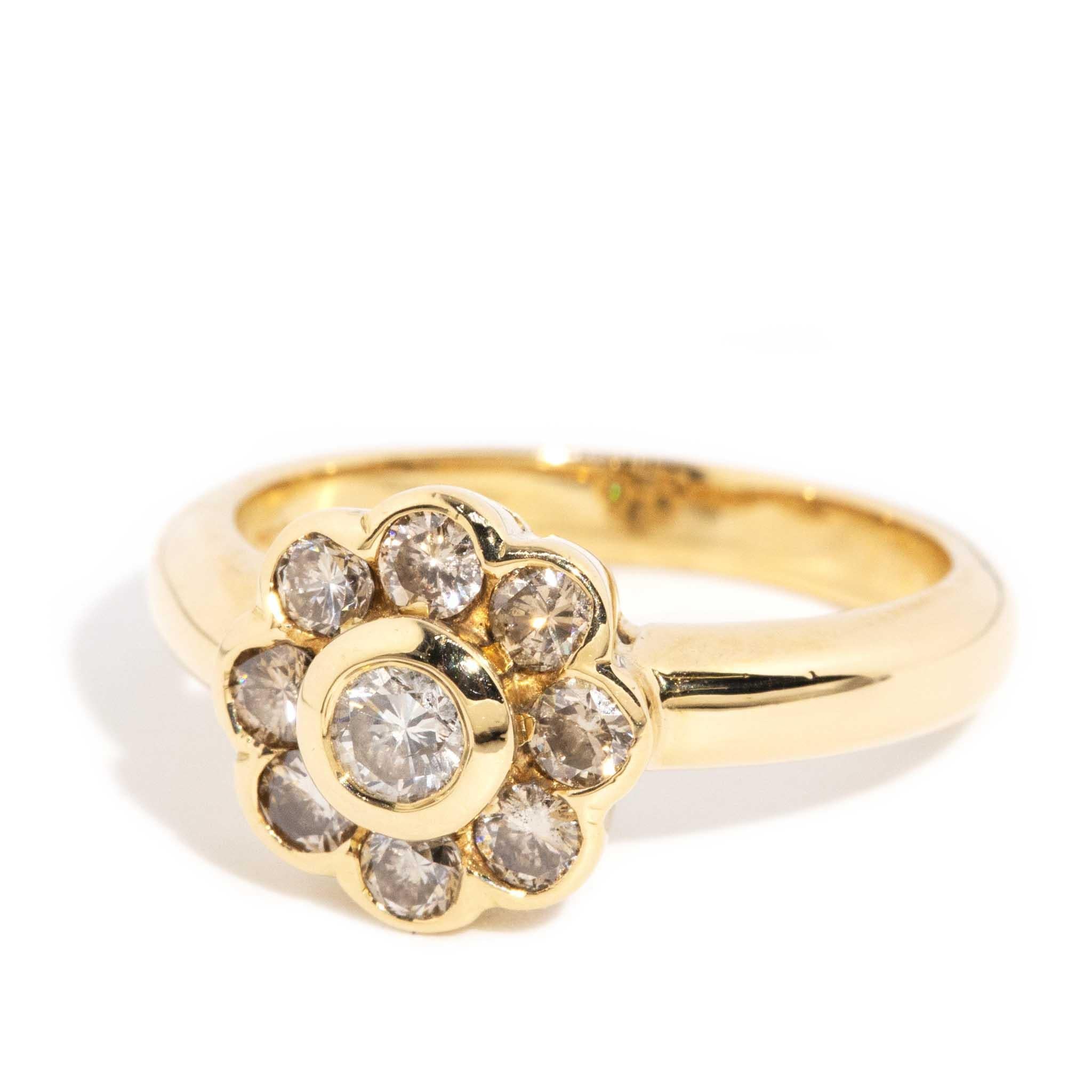 Vintage Circa 1990s Brilliant Diamond Flower Cluster Ring 18 Carat Yellow Gold In Good Condition For Sale In Hamilton, AU