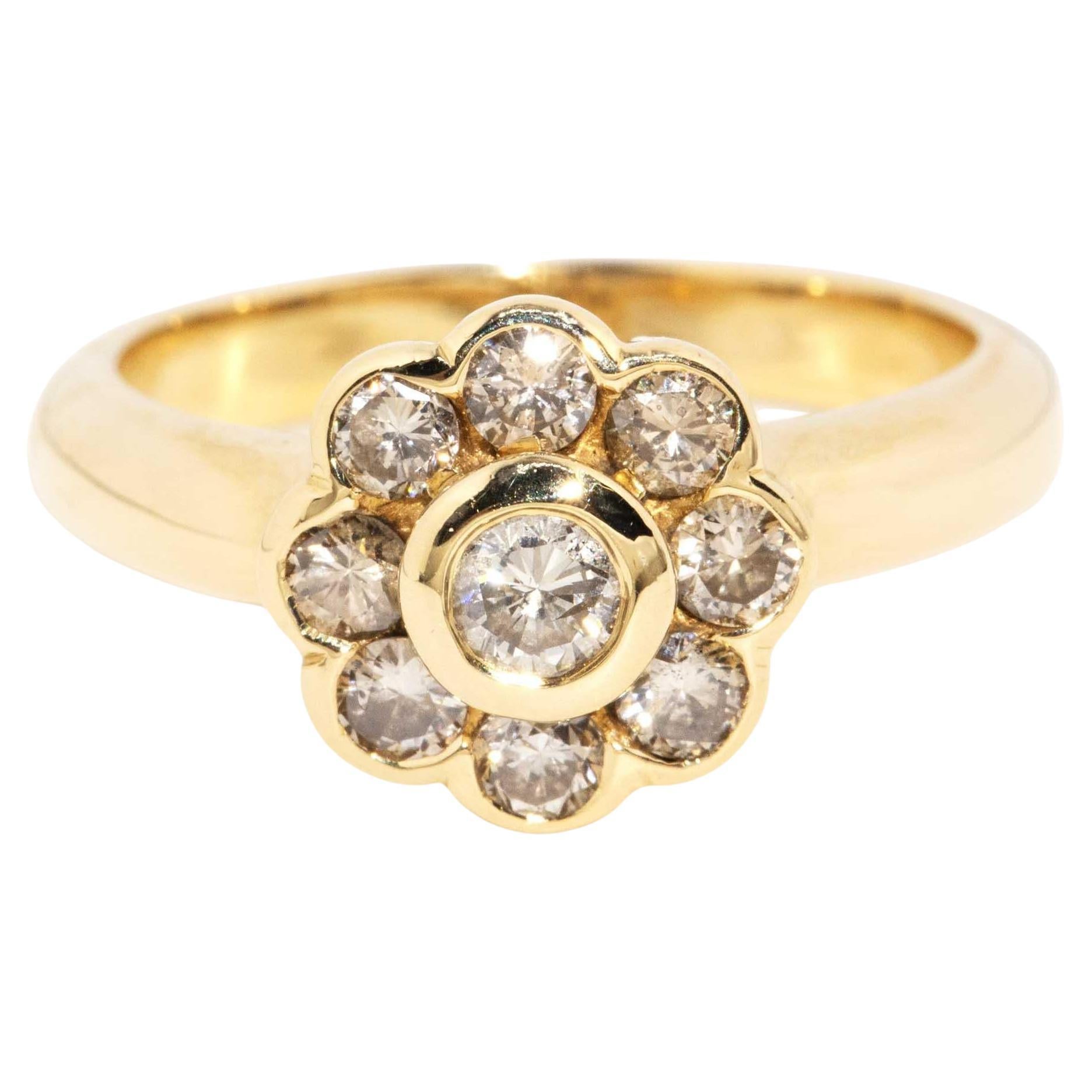 Vintage Circa 1990s Brilliant Diamond Flower Cluster Ring 18 Carat Yellow Gold For Sale