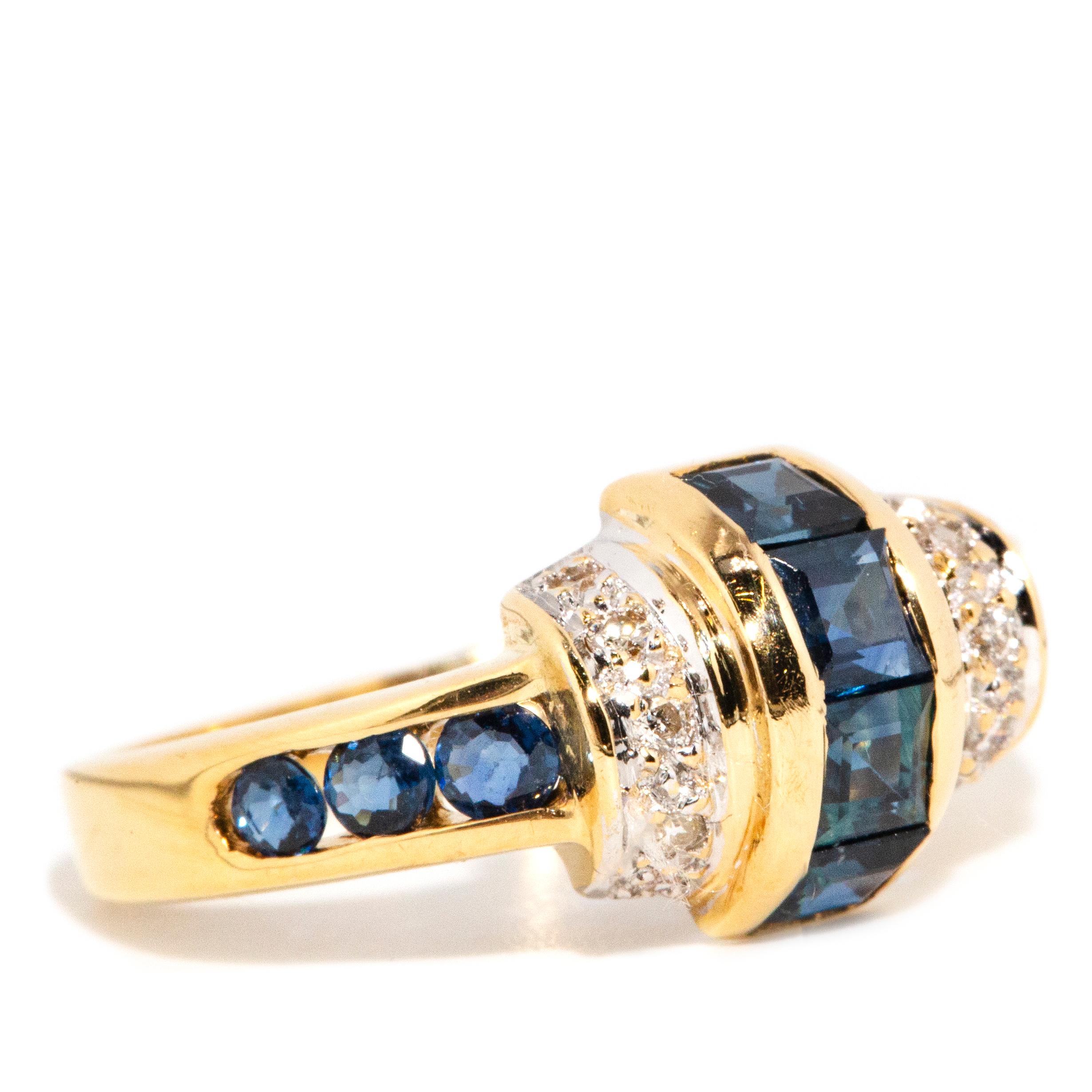 Modern Vintage Circa 1990s Diamond & Bright Blue Sapphire Ring 18 Carat Yellow Gold
