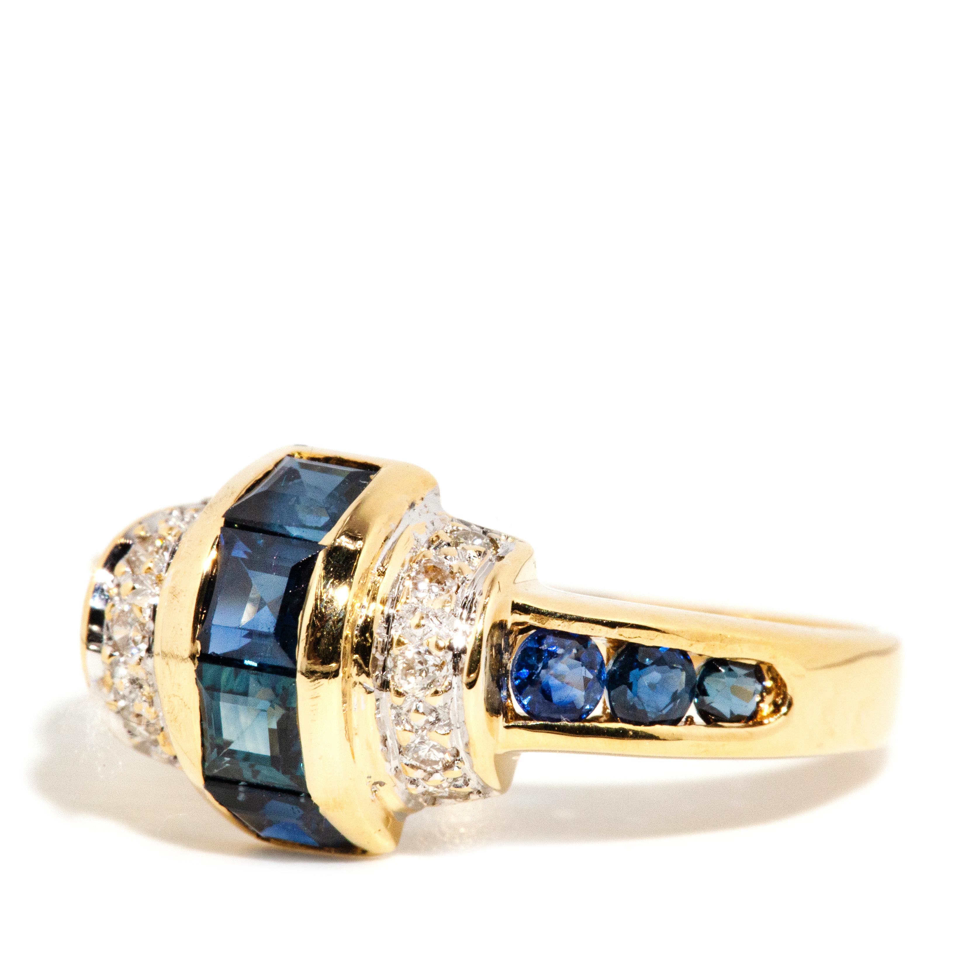 Vintage Circa 1990s Diamond & Bright Blue Sapphire Ring 18 Carat Yellow Gold In Good Condition In Hamilton, AU
