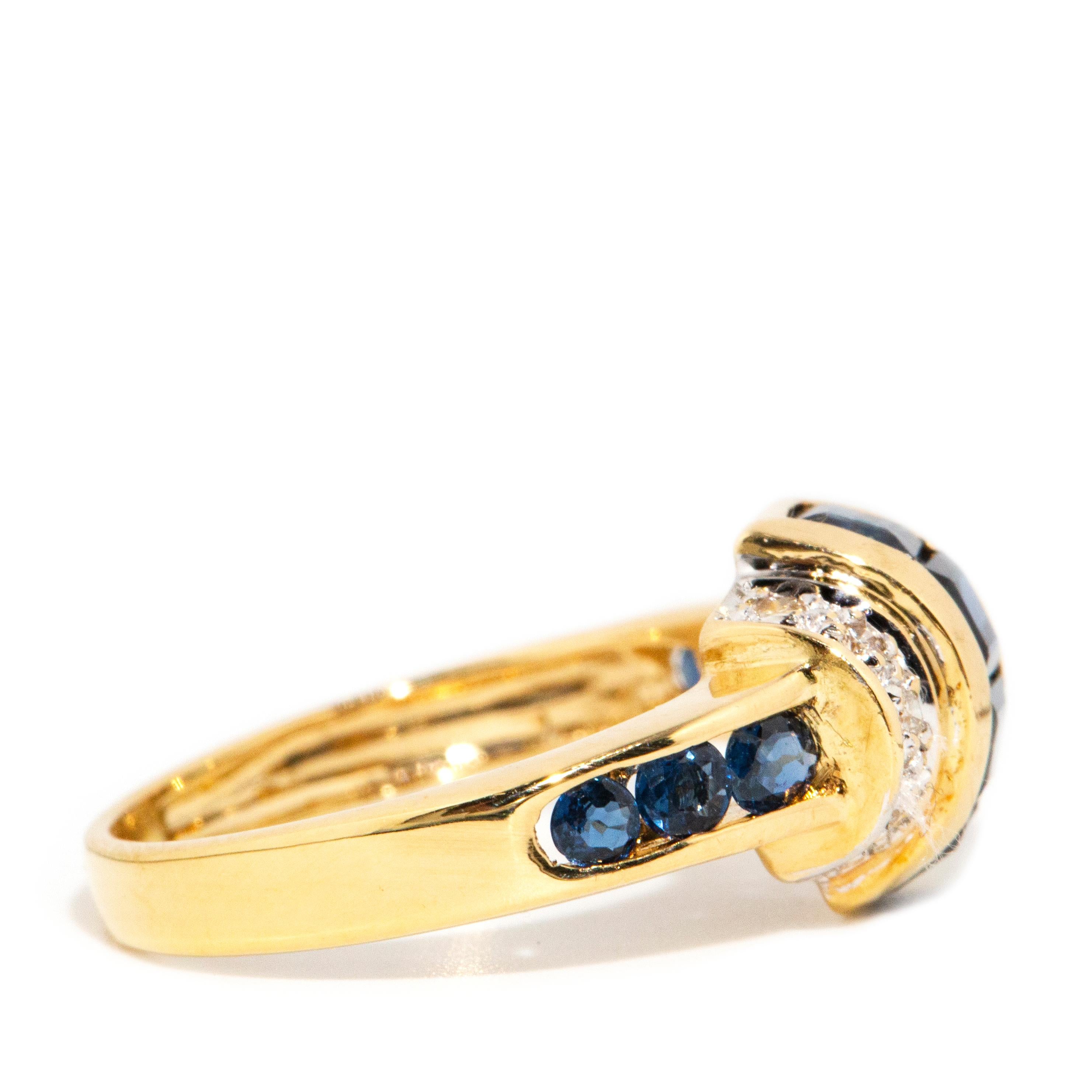 Vintage Circa 1990s Diamond & Bright Blue Sapphire Ring 18 Carat Yellow Gold 1