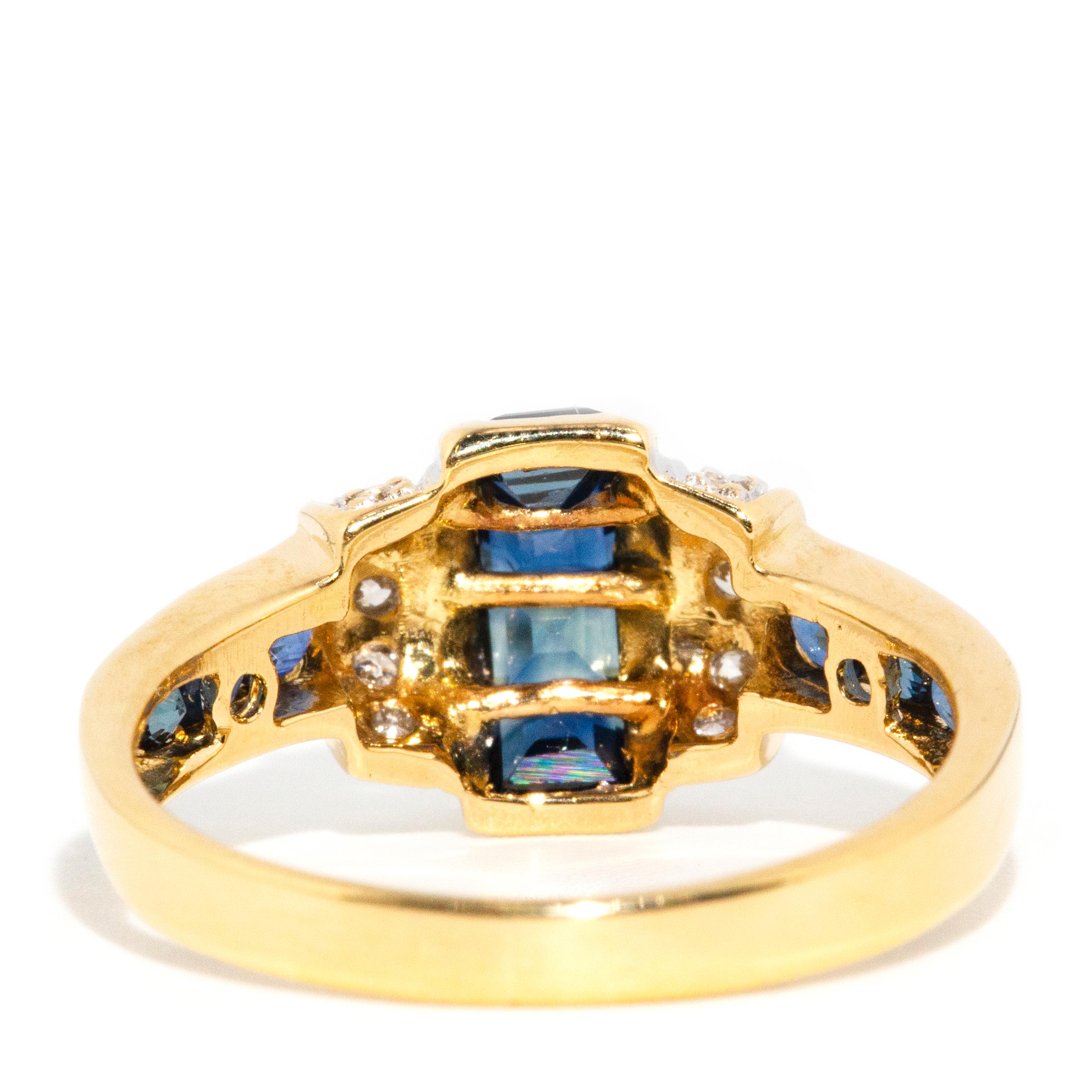 Vintage Circa 1990s Diamond & Bright Blue Sapphire Ring 18 Carat Yellow Gold 3