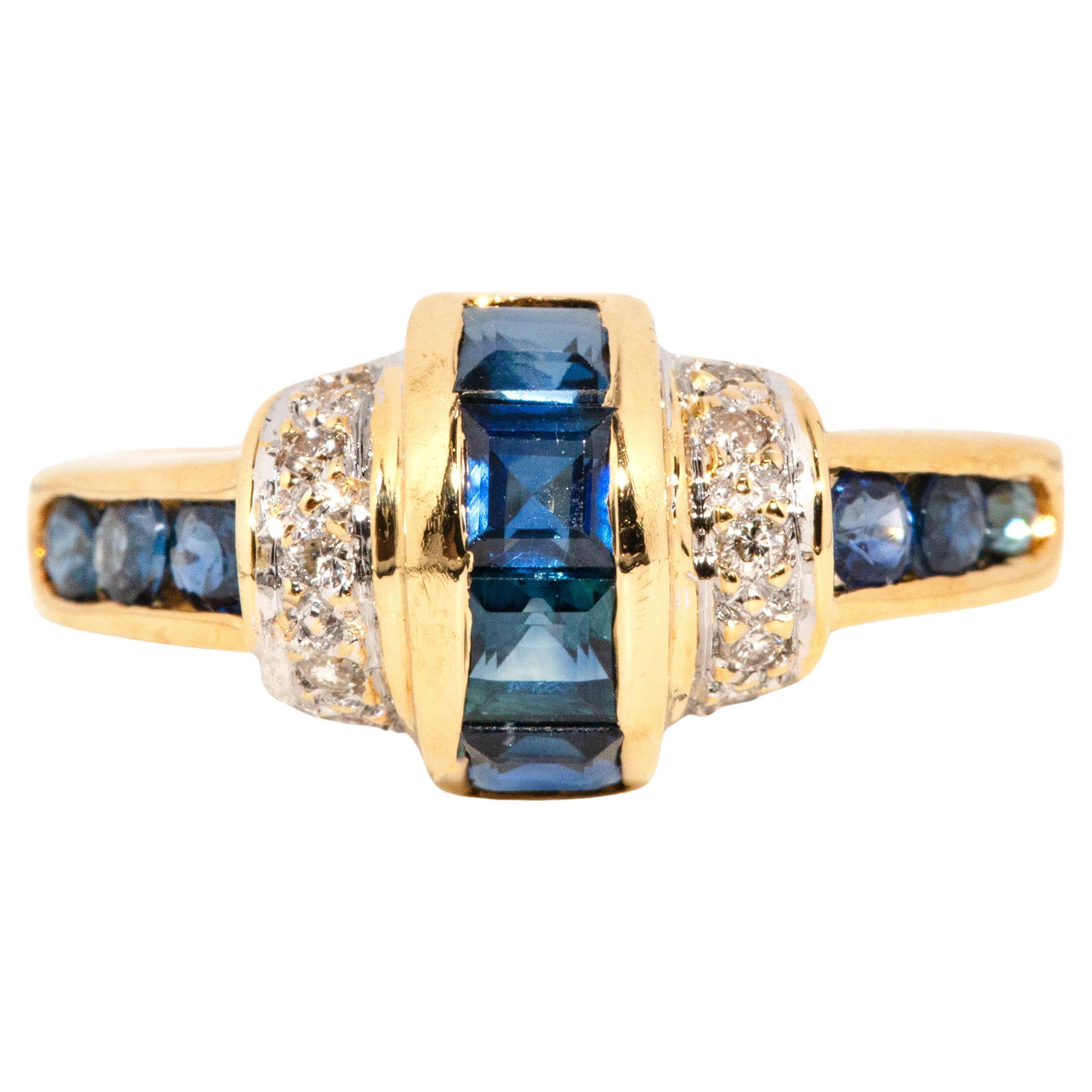 Vintage Circa 1990s Diamond & Bright Blue Sapphire Ring 18 Carat Yellow Gold