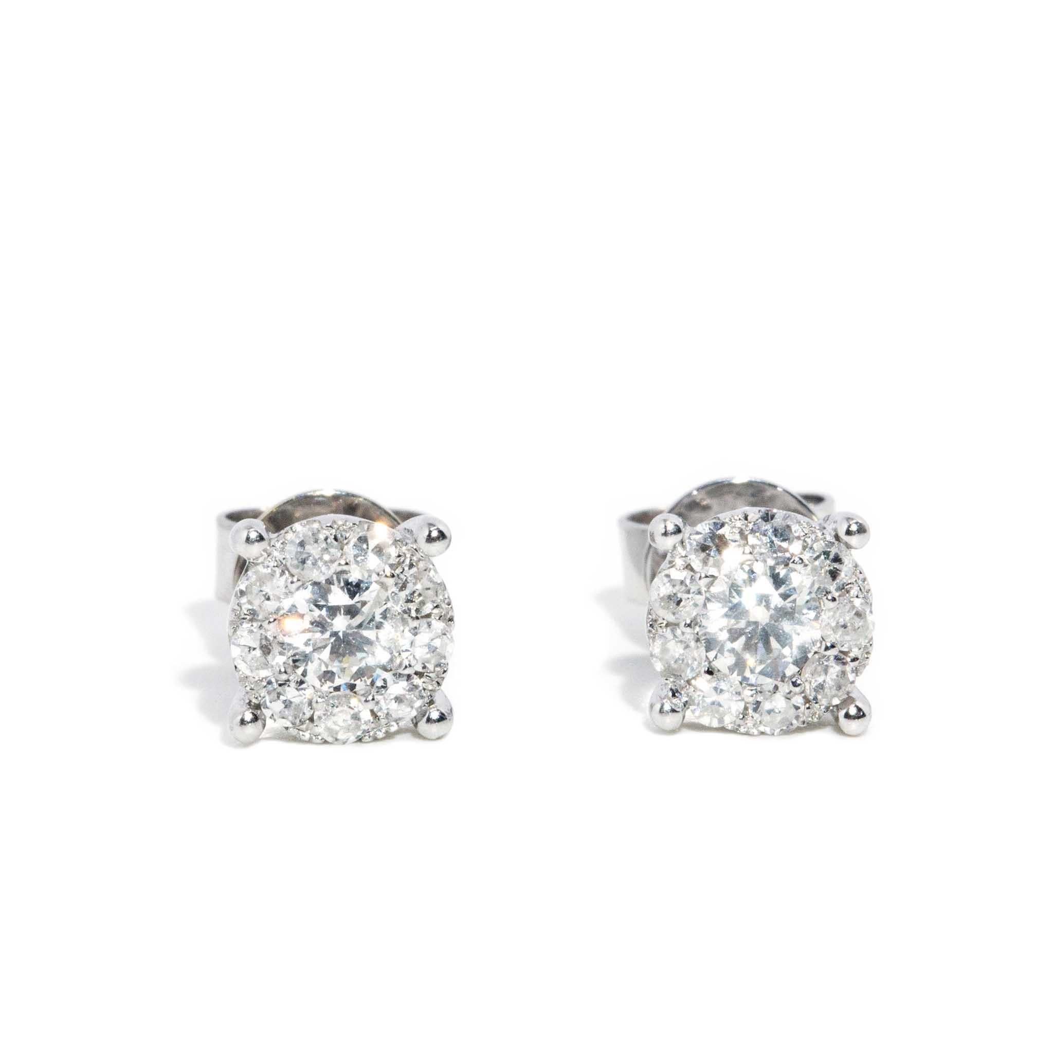 Modern Vintage Circa 1990s Diamond Cluster Studs 18 Carat White Gold