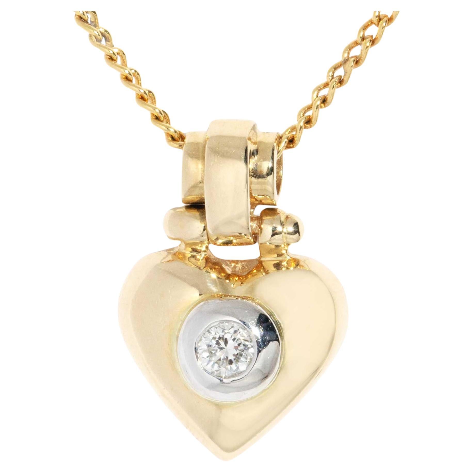 Vintage Circa 1990s Diamond Puffy Heart Pendant 18 Carat Yellow Gold
