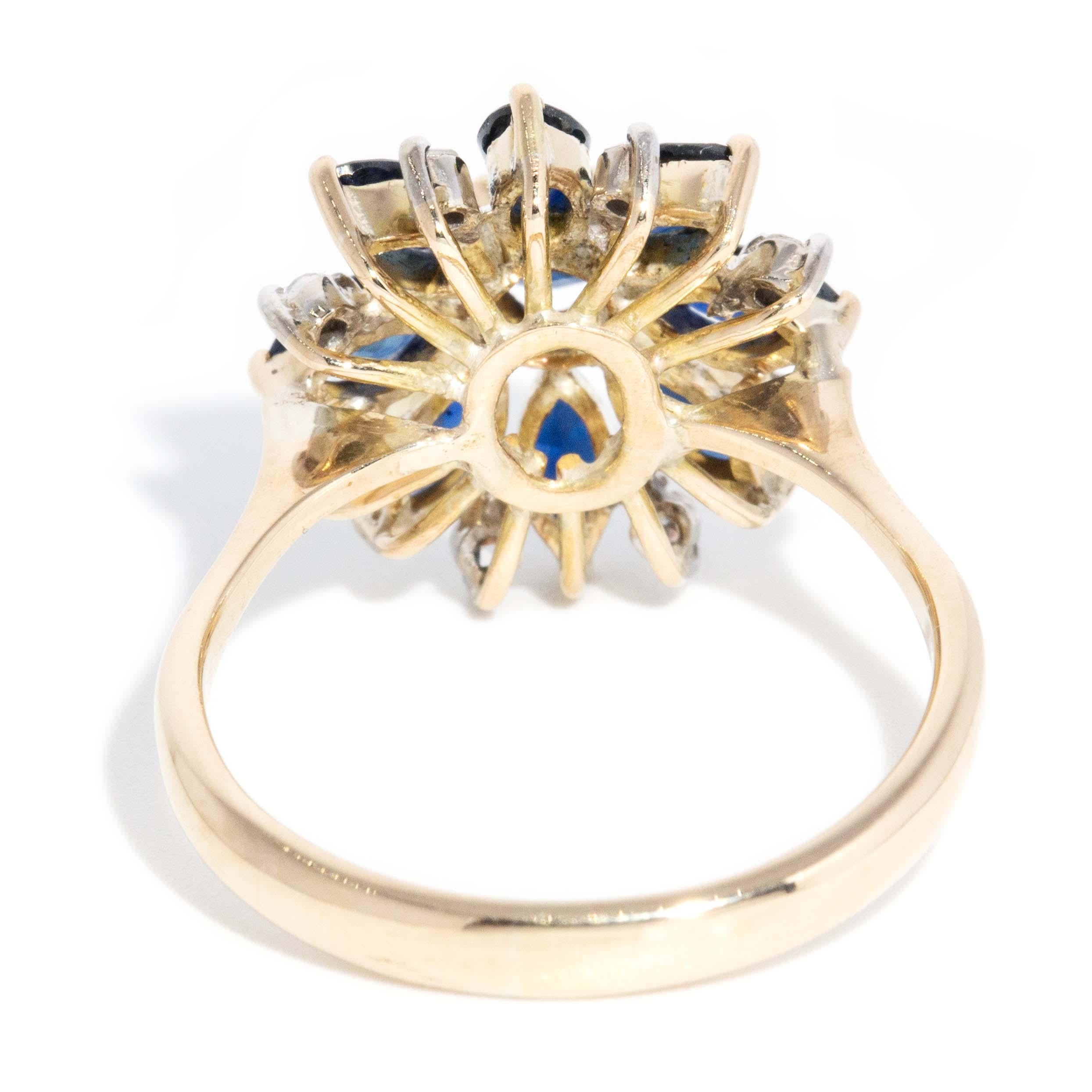 Vintage Circa 1990s Diamond Sapphire Cluster Ring 14 Carat Yellow Gold For Sale 5