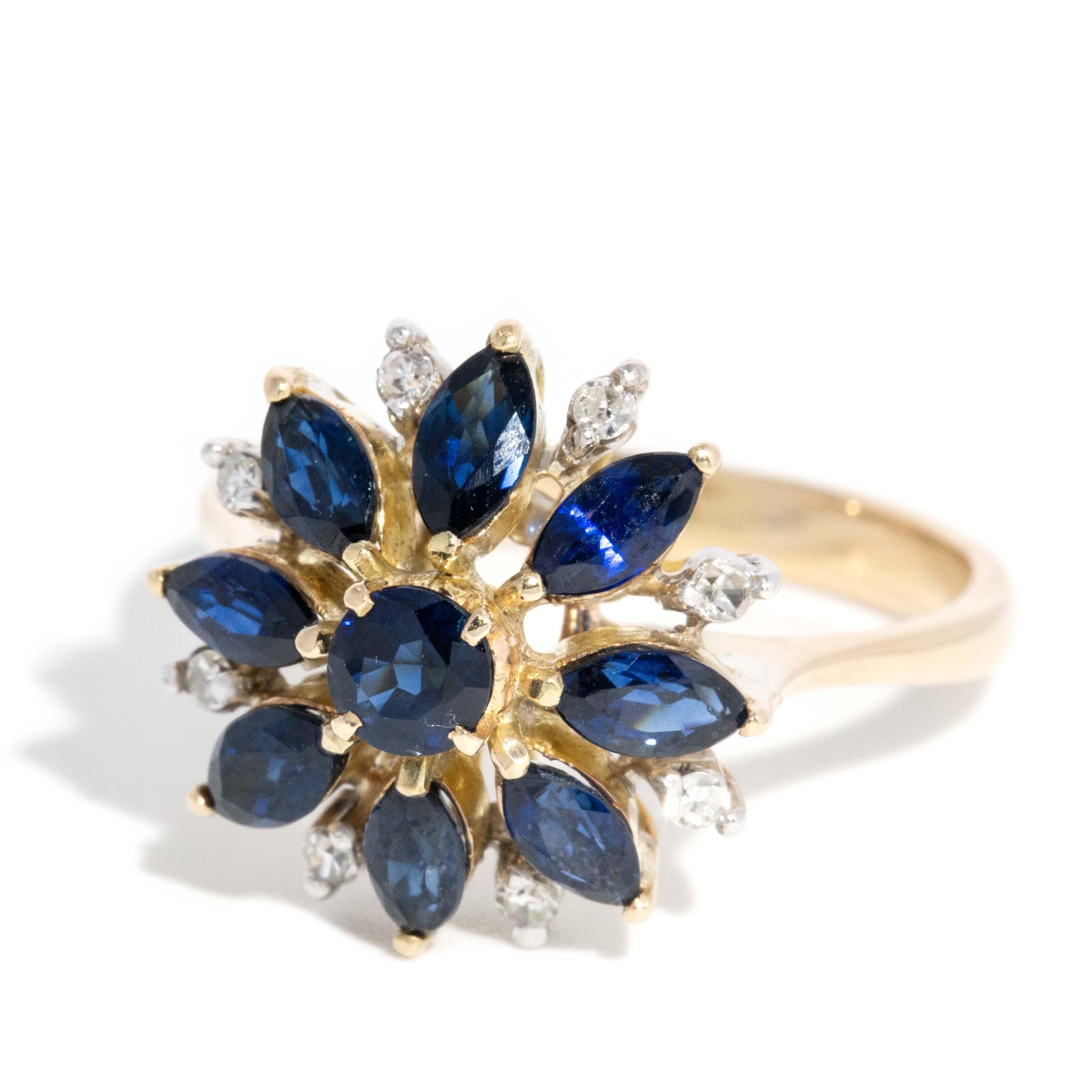 Modern Vintage Circa 1990s Diamond Sapphire Cluster Ring 14 Carat Yellow Gold For Sale