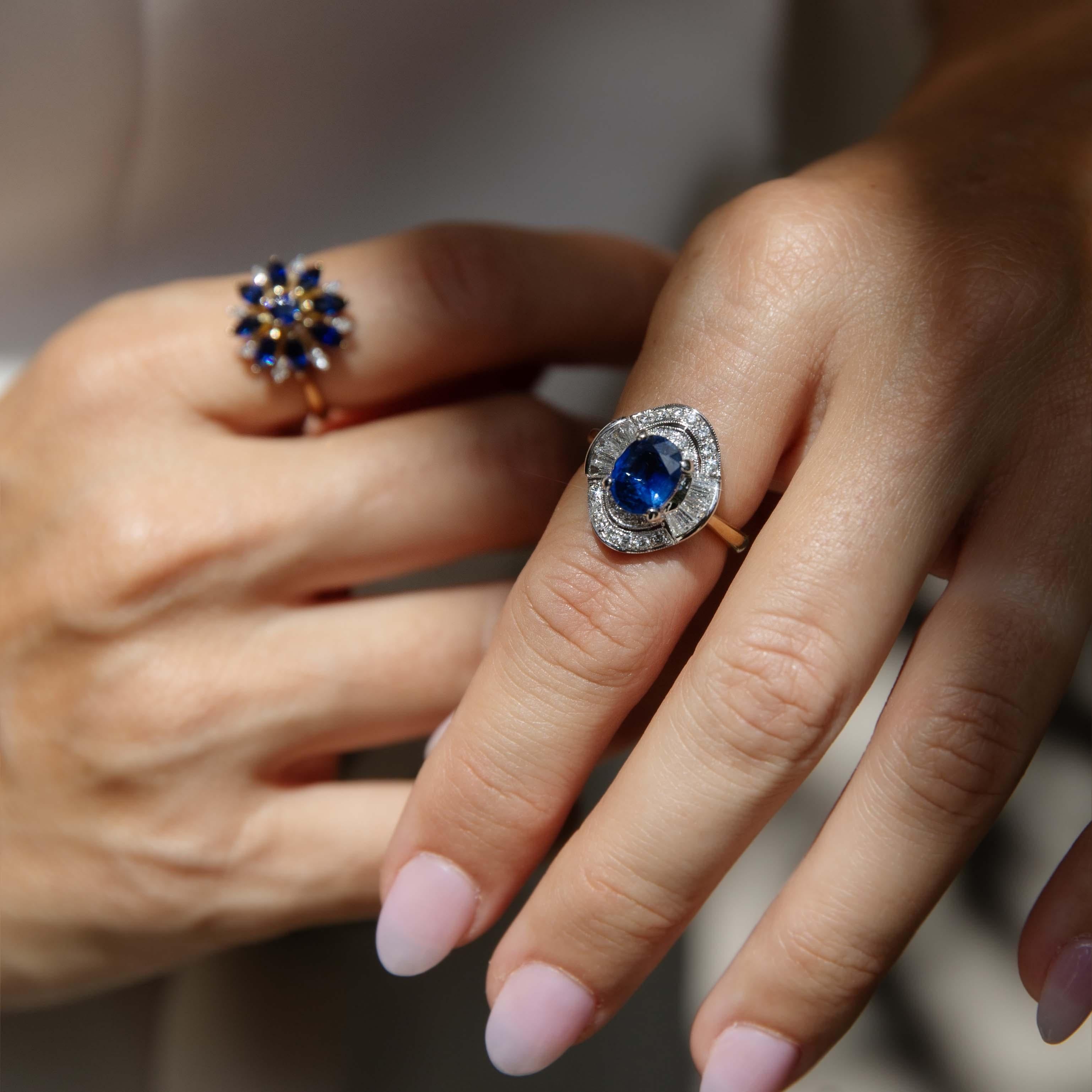 Round Cut Vintage Circa 1990s Diamond Sapphire Cluster Ring 14 Carat Yellow Gold For Sale