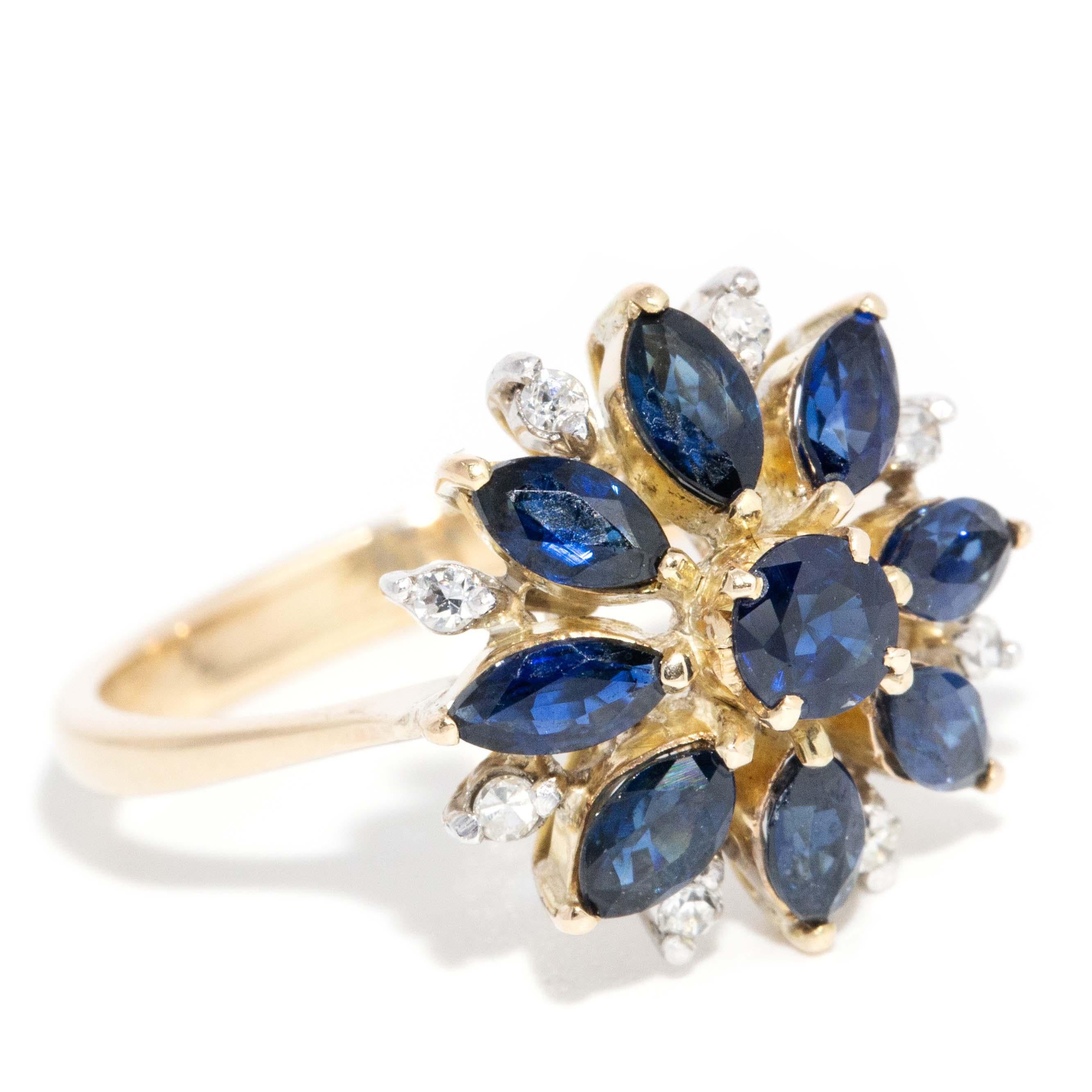 Vintage Circa 1990s Diamond Sapphire Cluster Ring 14 Carat Yellow Gold In Good Condition For Sale In Hamilton, AU