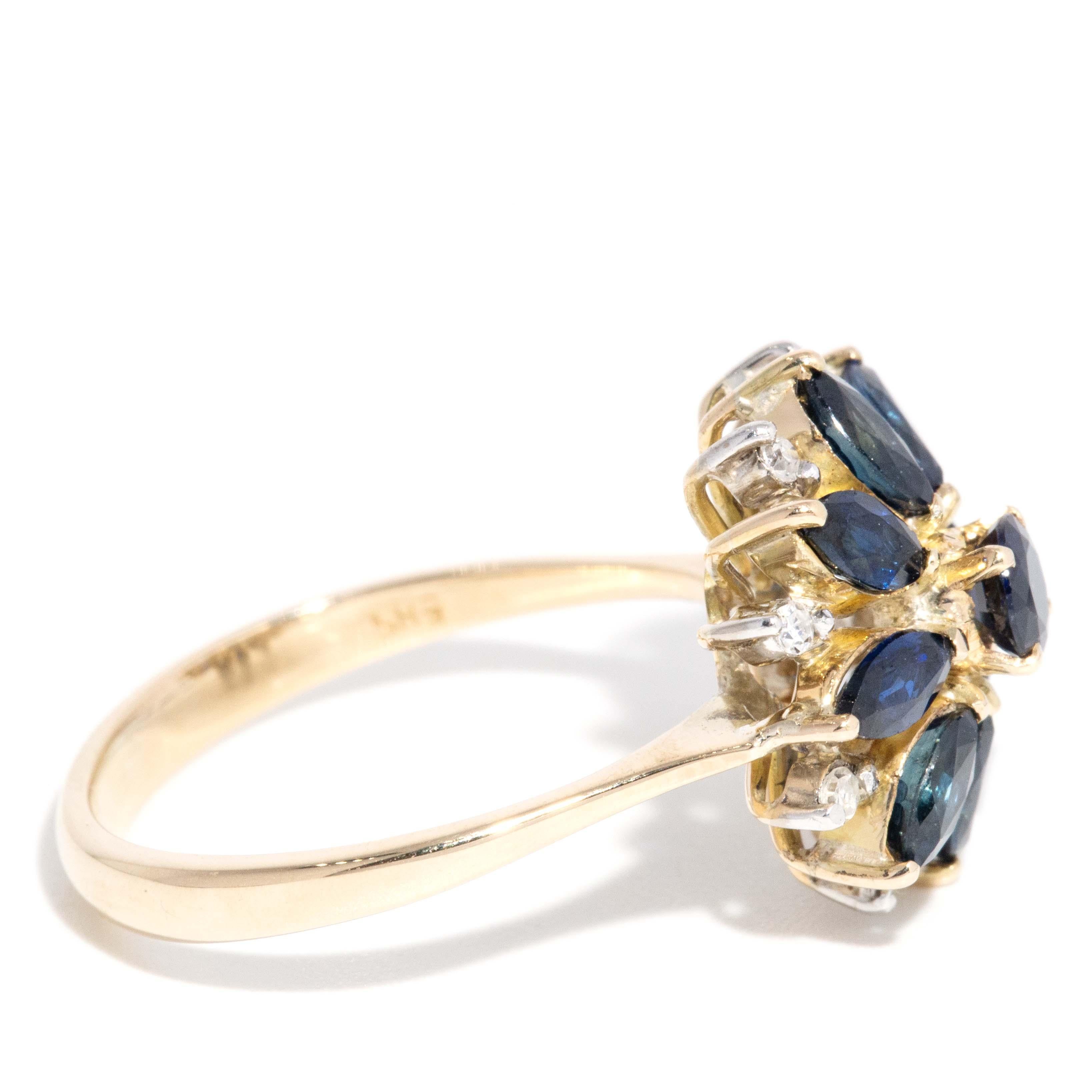 Vintage Circa 1990s Diamond Sapphire Cluster Ring 14 Carat Yellow Gold For Sale 1