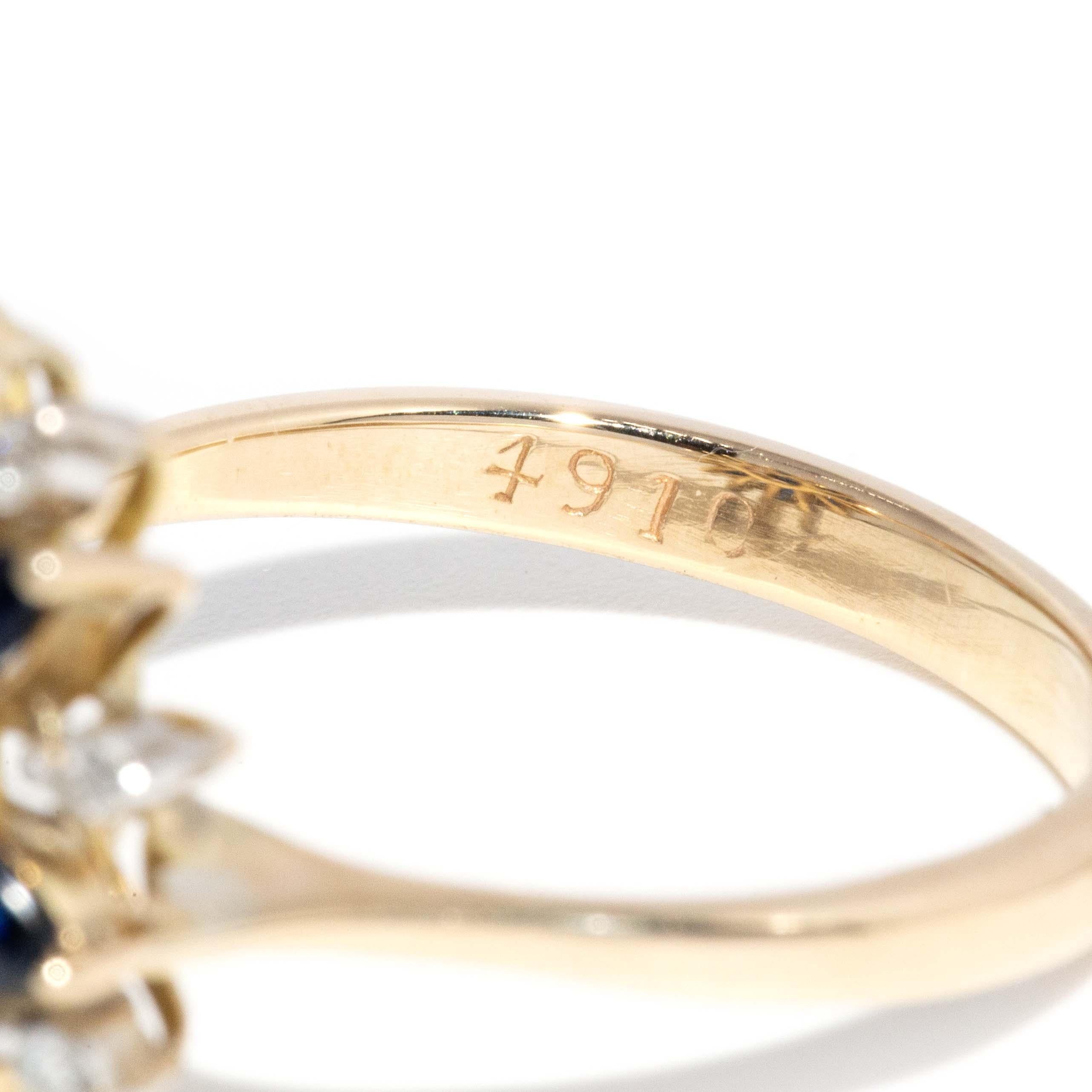 Vintage Circa 1990s Diamond Sapphire Cluster Ring 14 Carat Yellow Gold For Sale 3
