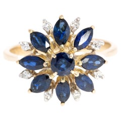 Anello a grappolo con diamante e zaffiro vintage degli anni '90, oro giallo 14 carati