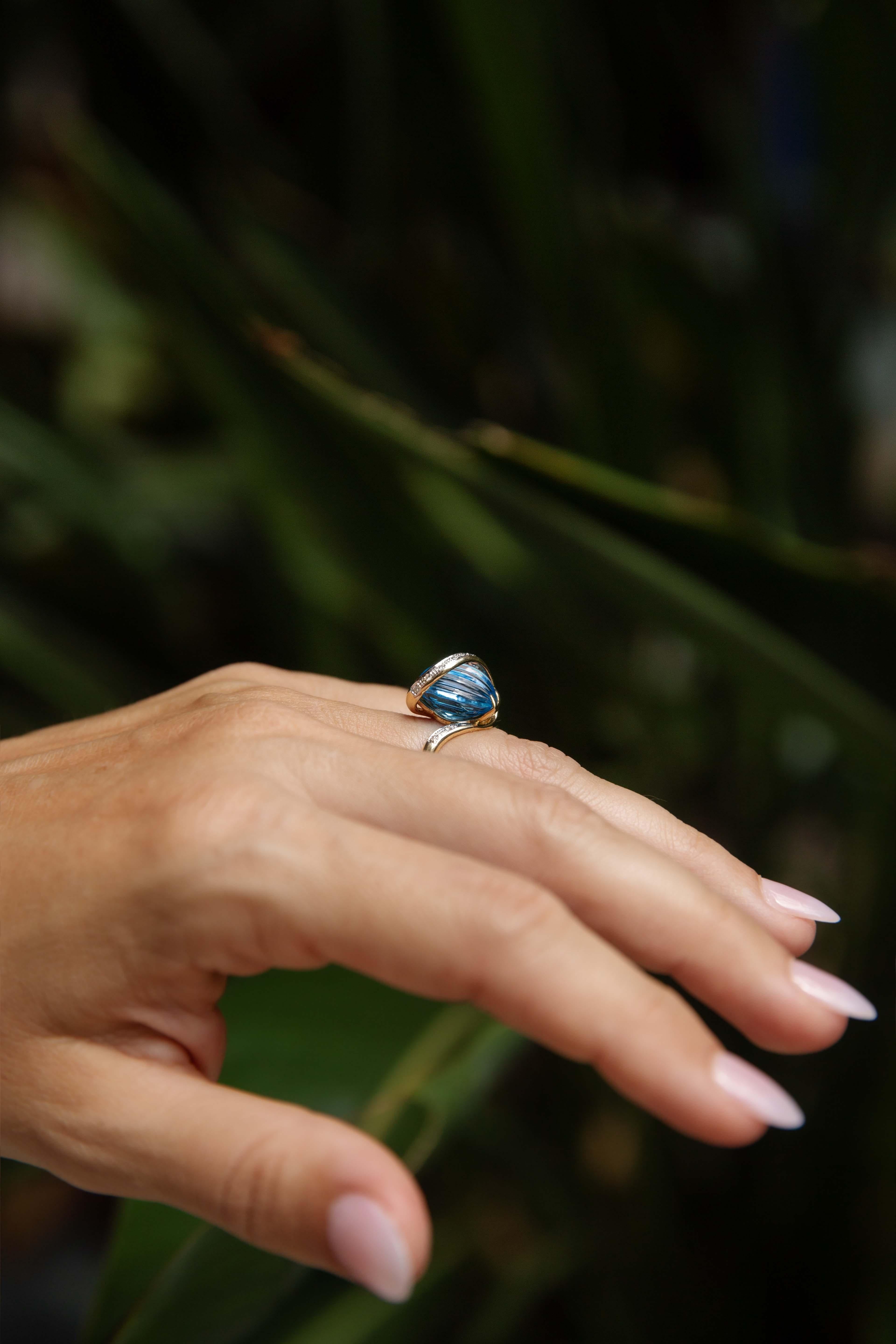Vintage Circa 1990er Jahre geriffelter blauer Topas & Diamantring 18 Karat Gelbgold im Angebot 4