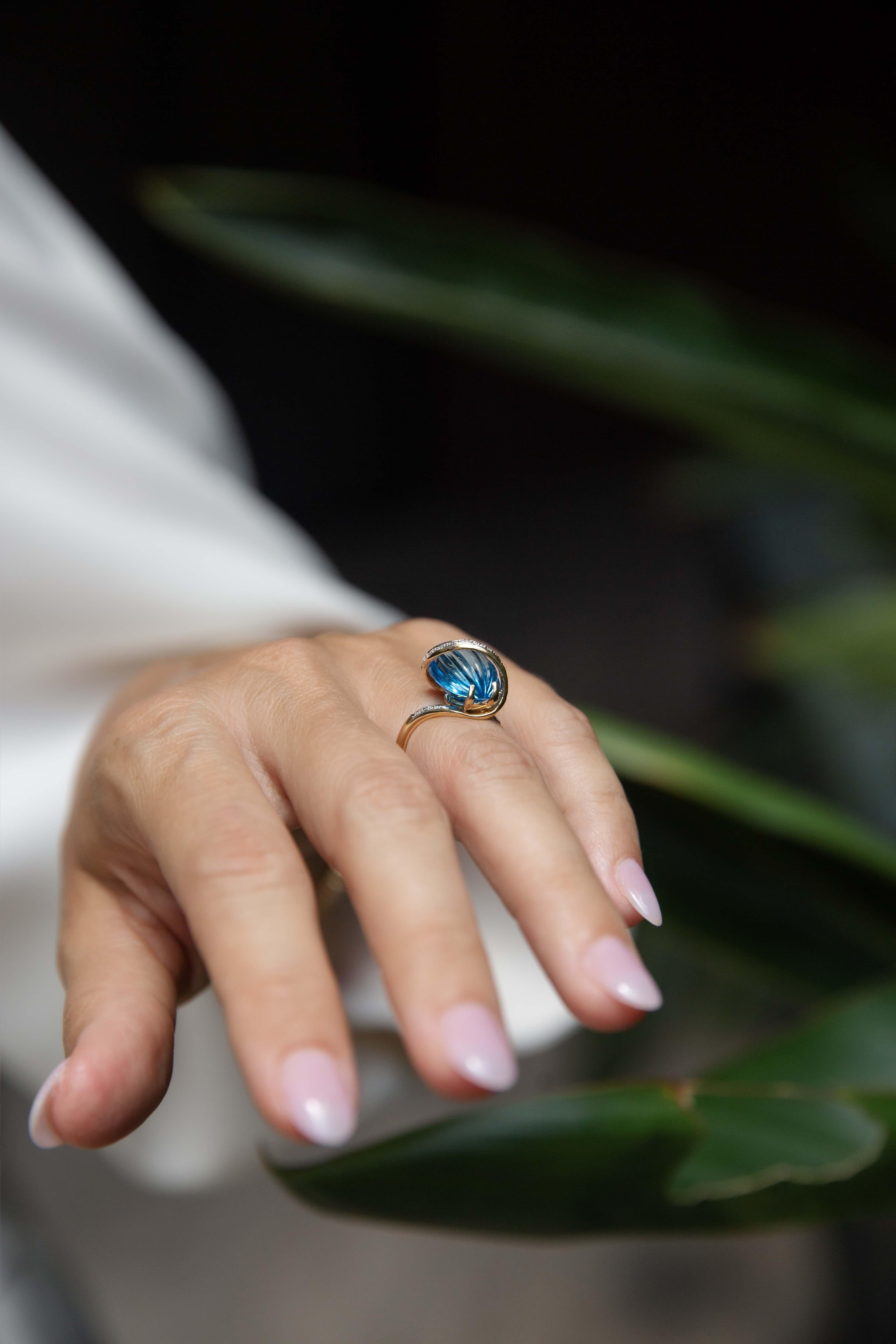 Der Kassiani Ring mit blauem Topas und Diamanten aus 18-karätigem Gold ist ein Statement skulpturaler Eleganz. Er besticht durch einen geriffelten Topas, dessen leuchtend blauer Farbton sich im Licht kräuselt. Diamanten umschließen den Edelstein in