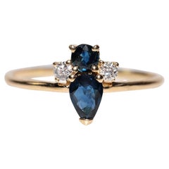 Anillo vintage artesanal de oro de 18 quilates con zafiro y diamantes naturales de la década de 1990