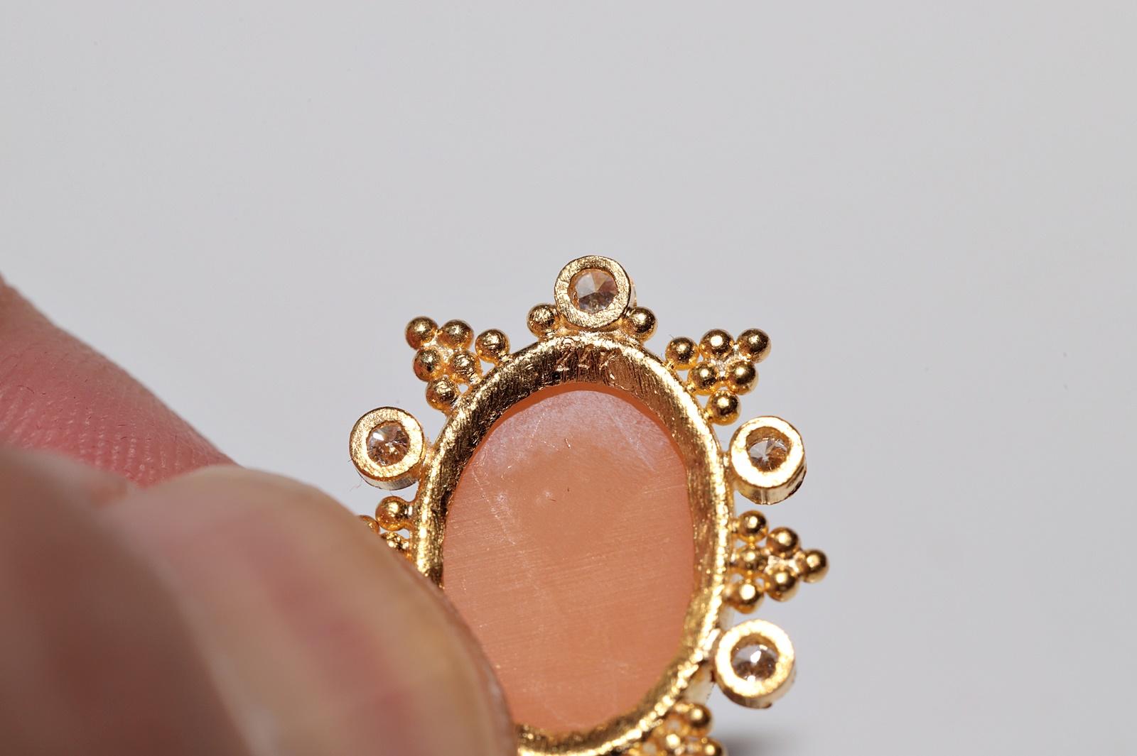 Handgefertigter Vintage Circa 1990er Jahre 24k Gold natürlicher Diamant und Kamee  Ohrring Tropfen im Angebot 7