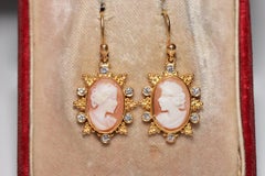 Vintage Circa 1990s Handcrafted 24k Gold Natural Diamond And Cameo  Drop Earring