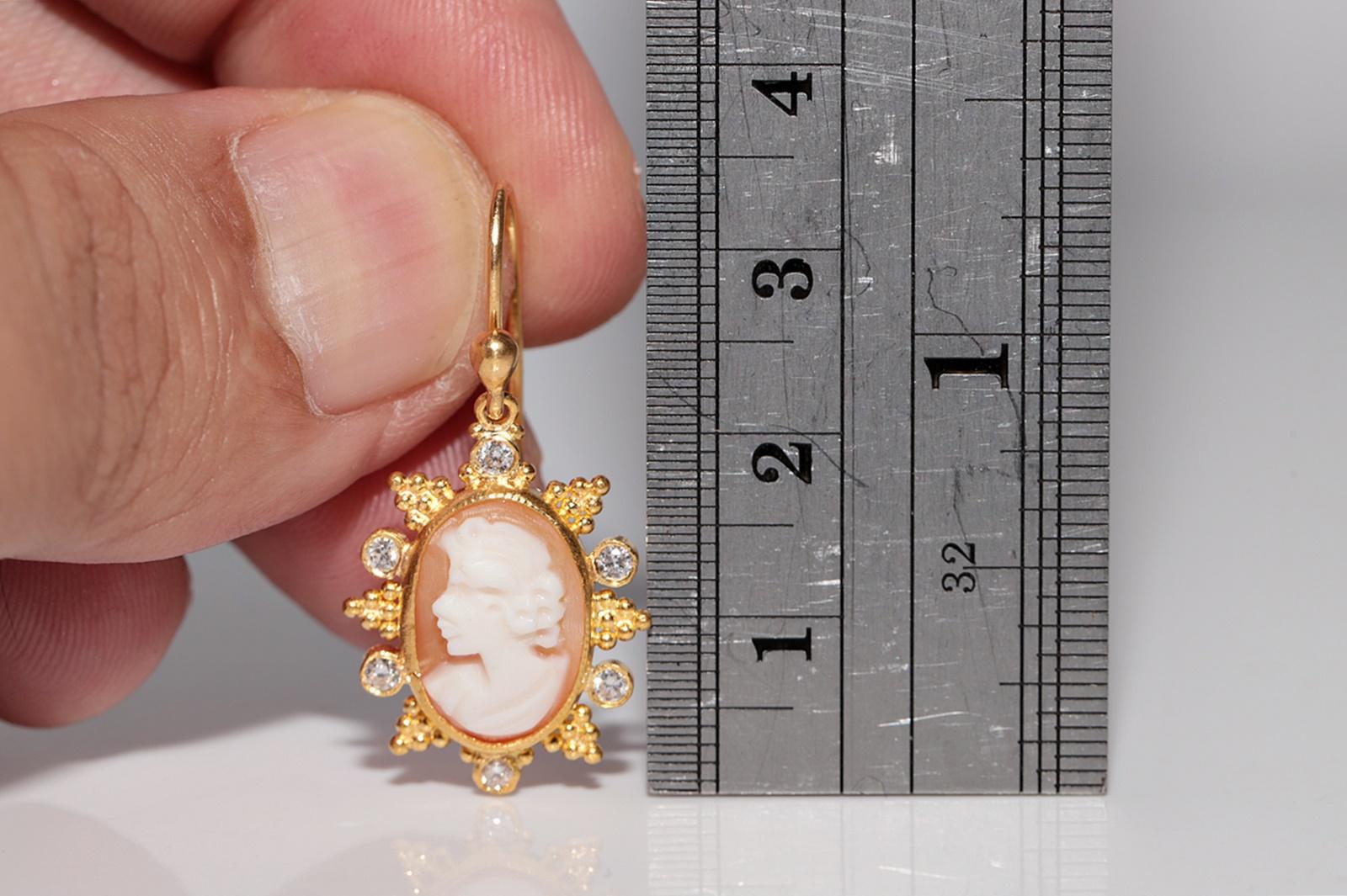 Handgefertigter Vintage Circa 1990er Jahre 24k Gold natürlicher Diamant und Kamee  Ohrring Tropfen im Zustand „Gut“ im Angebot in Fatih/İstanbul, 34