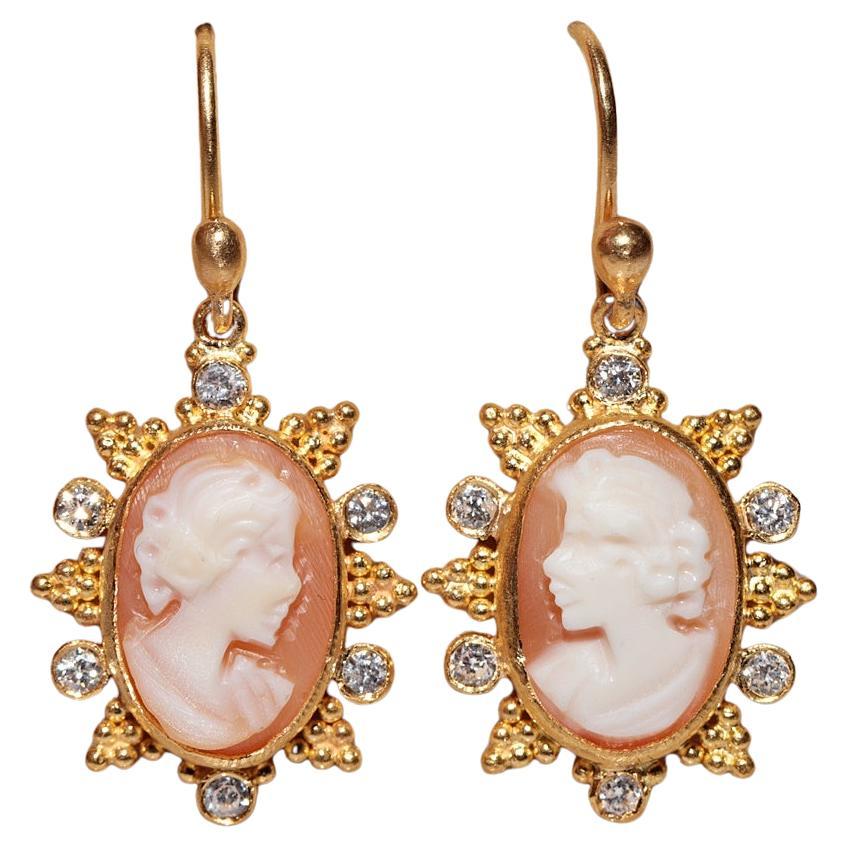 Vintage Circa 1990s Handcrafted 24k Gold Natural Diamond And Cameo  Drop Earring
