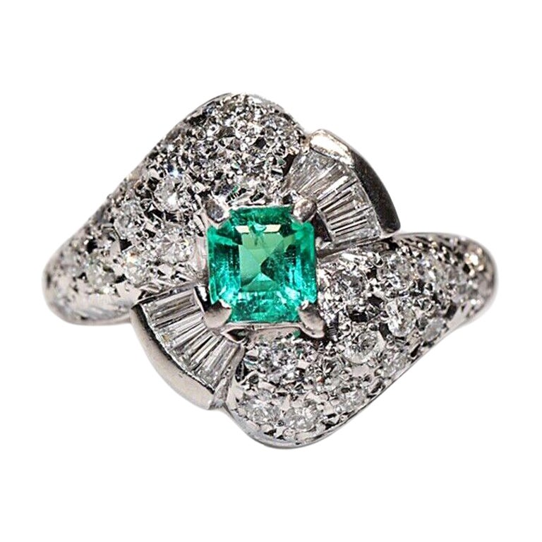 Handgefertigter Platinring mit natürlichem Diamant und Smaragd, Vintage, ca. 1990er Jahre