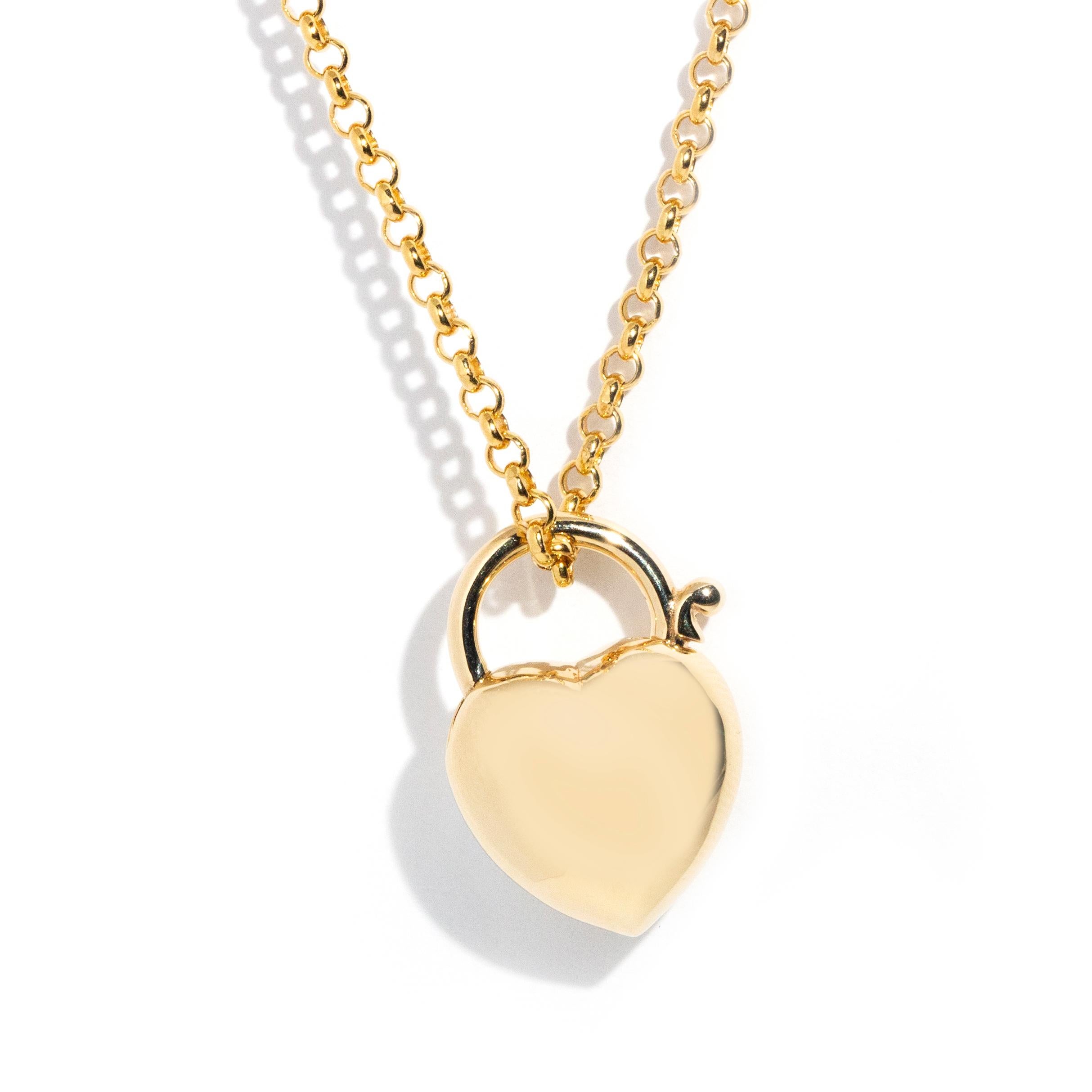 Modern Vintage circa 1990s Heart Shaped Padlock Pendant & Chain 9 Carat Yellow Gold For Sale