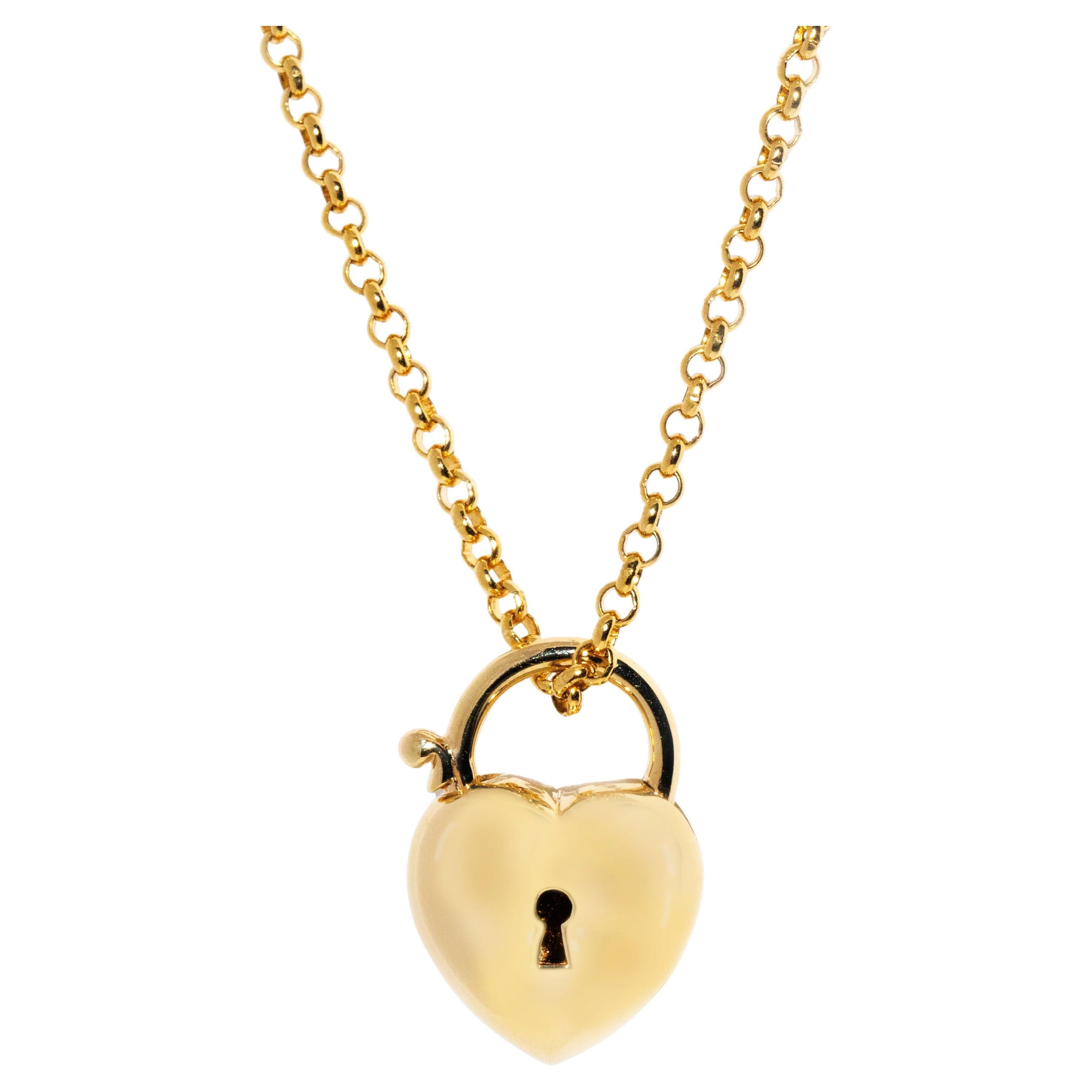 Vintage circa 1990s Heart Shaped Padlock Pendant & Chain 9 Carat Yellow Gold For Sale
